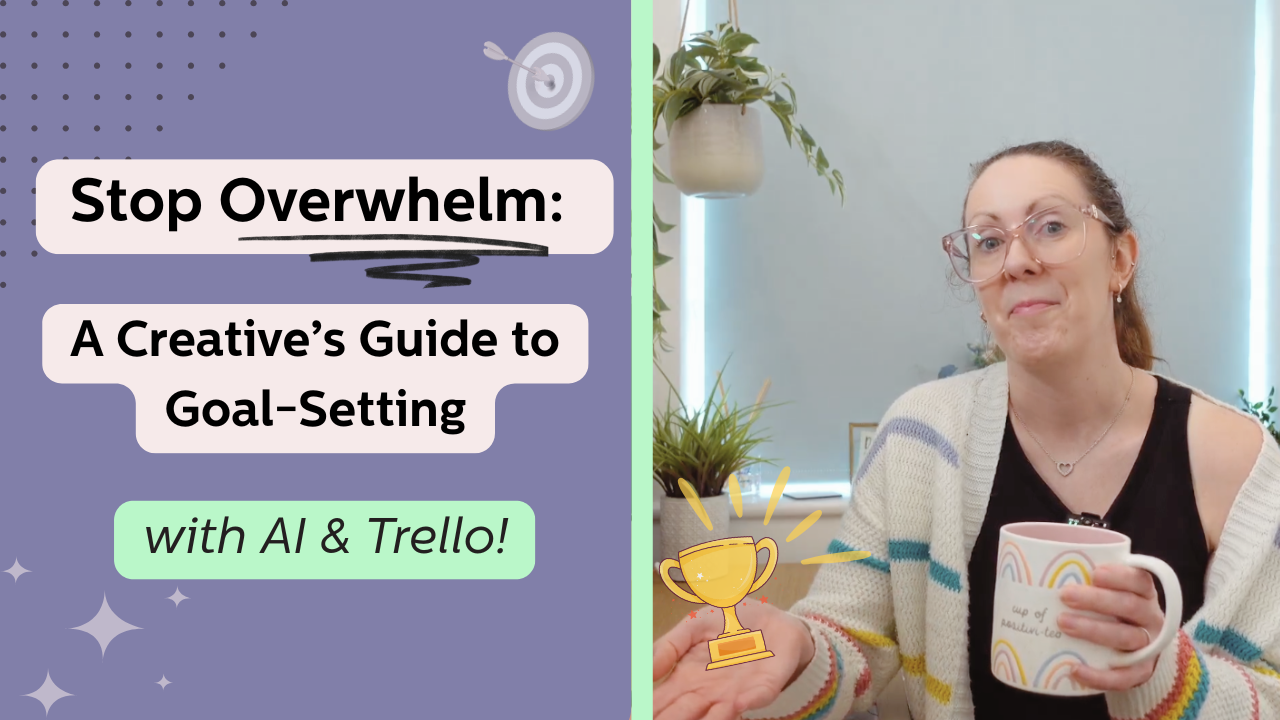 Louise Laurie, creative marketing educator, holding a coffee mug beside a graphic promoting her course “Stop Overwhelm: A Creative’s Guide to Goal-Setting with AI and Trello.