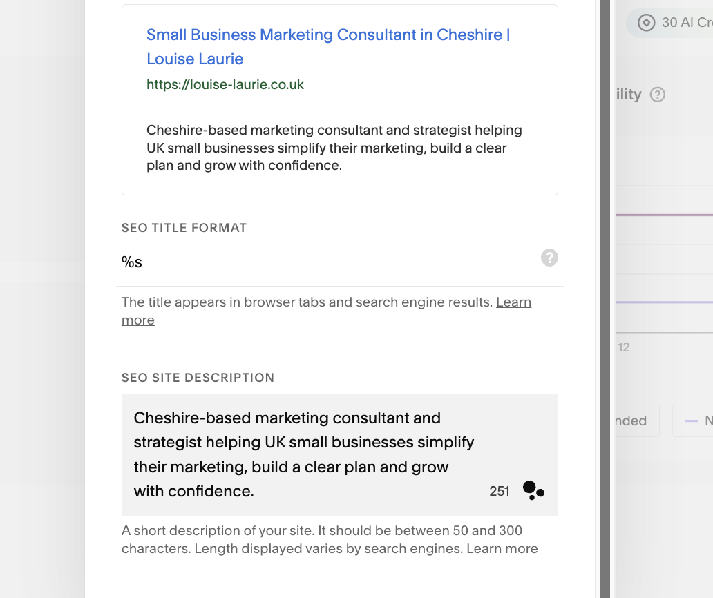 Squarespace search preview showing the updated homepage SEO title, “Small Business Marketing Consultant in Cheshire | Louise Laurie,” and the new meta description.