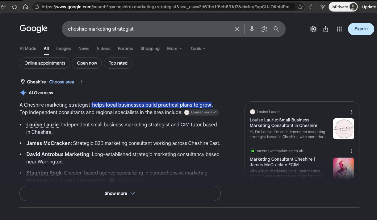 Google results for “Cheshire marketing strategist” showing Louise Laurie listed first in the AI Overview and her homepage appearing in the organic search results.