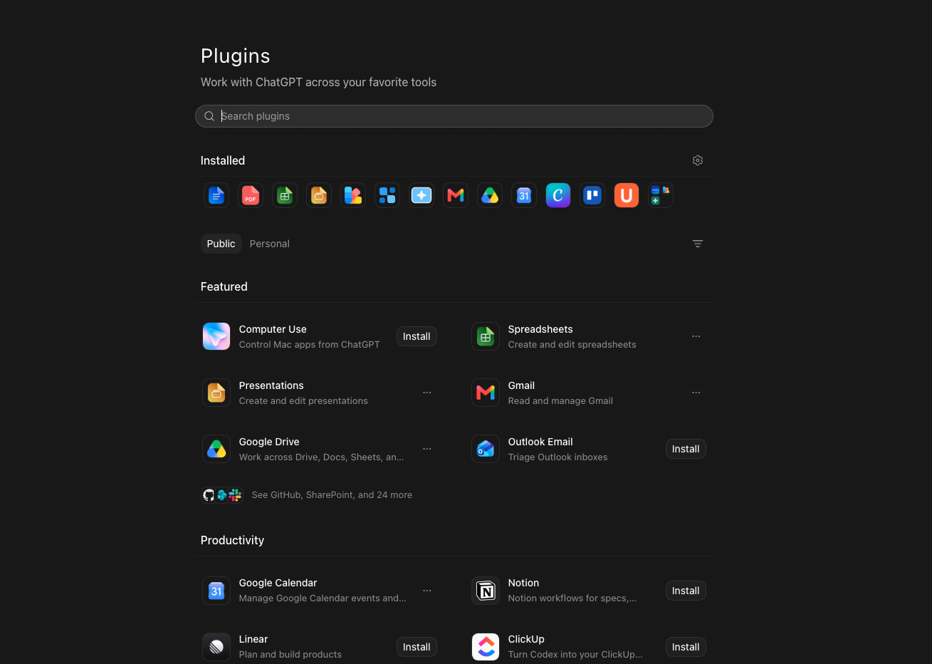 ChatGPT Work plugins page showing connected tools including Google Drive, Gmail, Calendar, spreadsheets and presentations