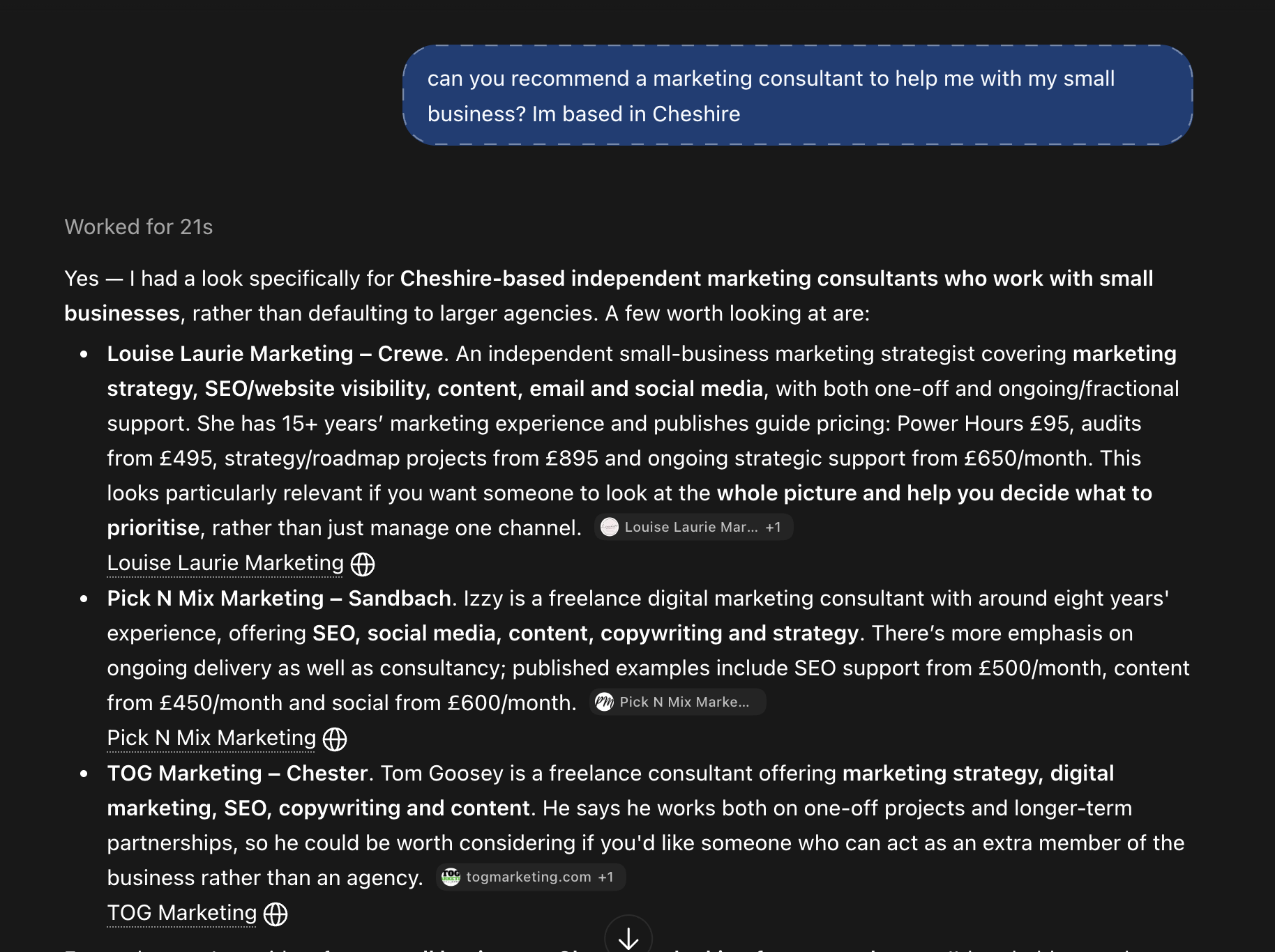 Example Chat with ChatGPT - asking for marketing consultant recommendations