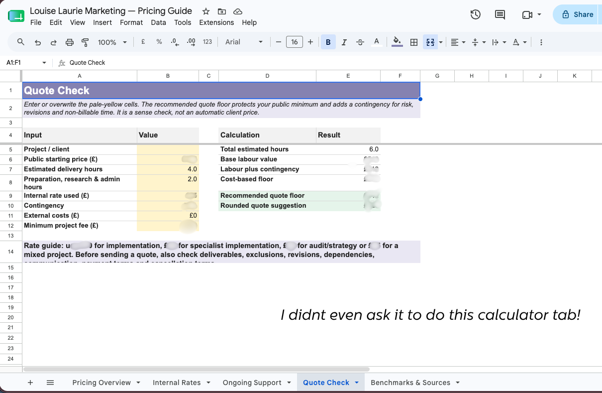 Google Sheets pricing guide and quote calculator created by ChatGPT Work mode, with confidential pricing information blurred