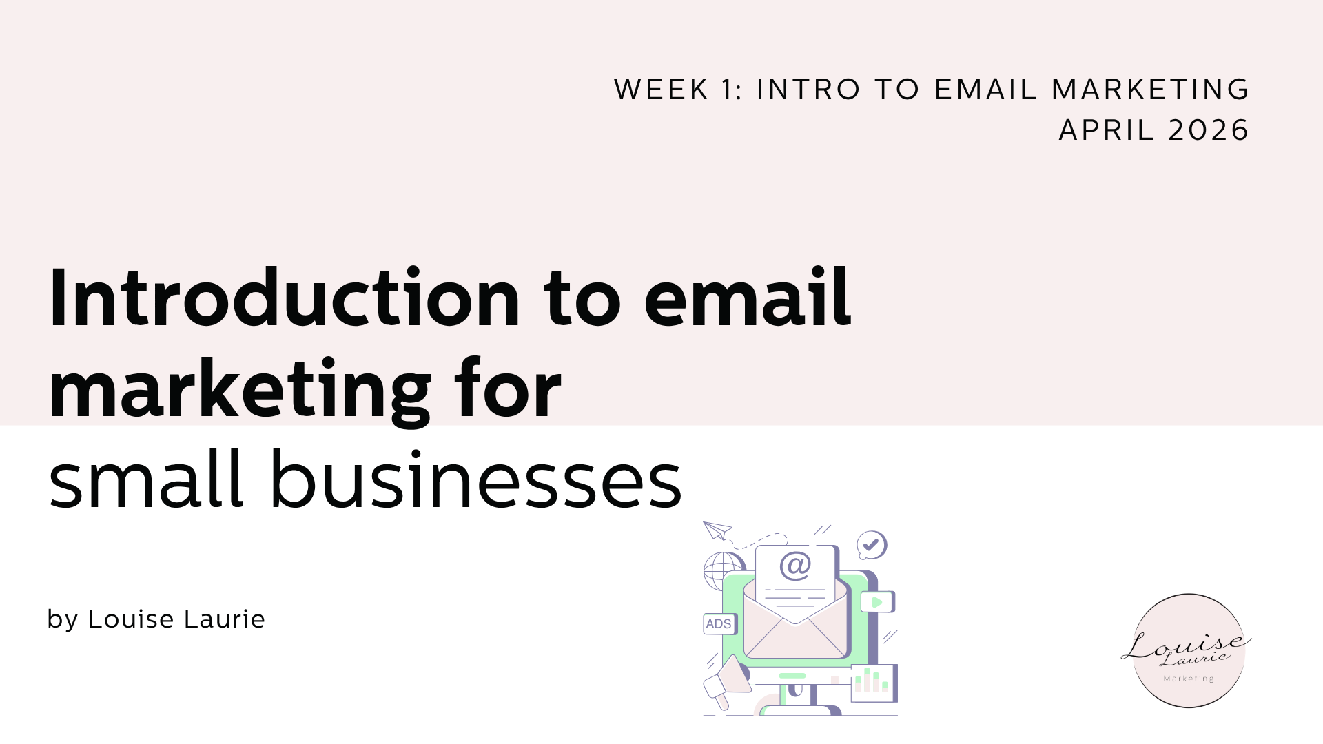Title slide for Introduction to Email Marketing for Small Businesses, created and delivered by Louise Laurie.