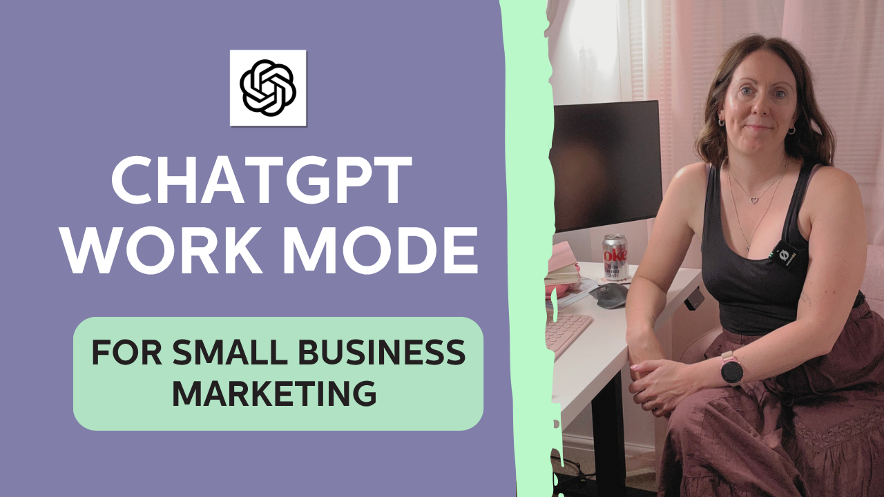 Course cover for “ChatGPT Work Mode for Small Business Marketing,” featuring Louise Laurie seated beside a laptop