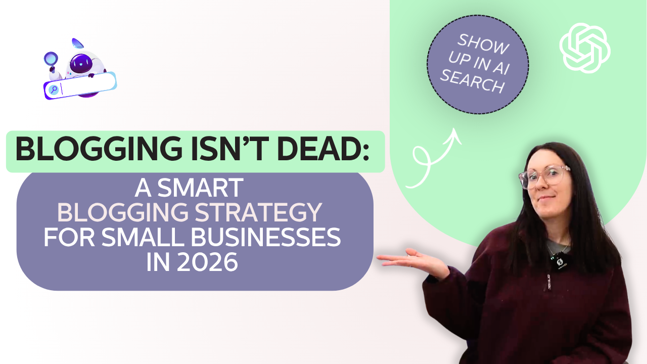 Skillshare course thumbnail for “Blogging Isn’t Dead: A Smart Blogging Strategy for Small Businesses in 2026” featuring marketing educator Louise Laurie discussing AI search, blogging strategy, and content marketing for small businesses.