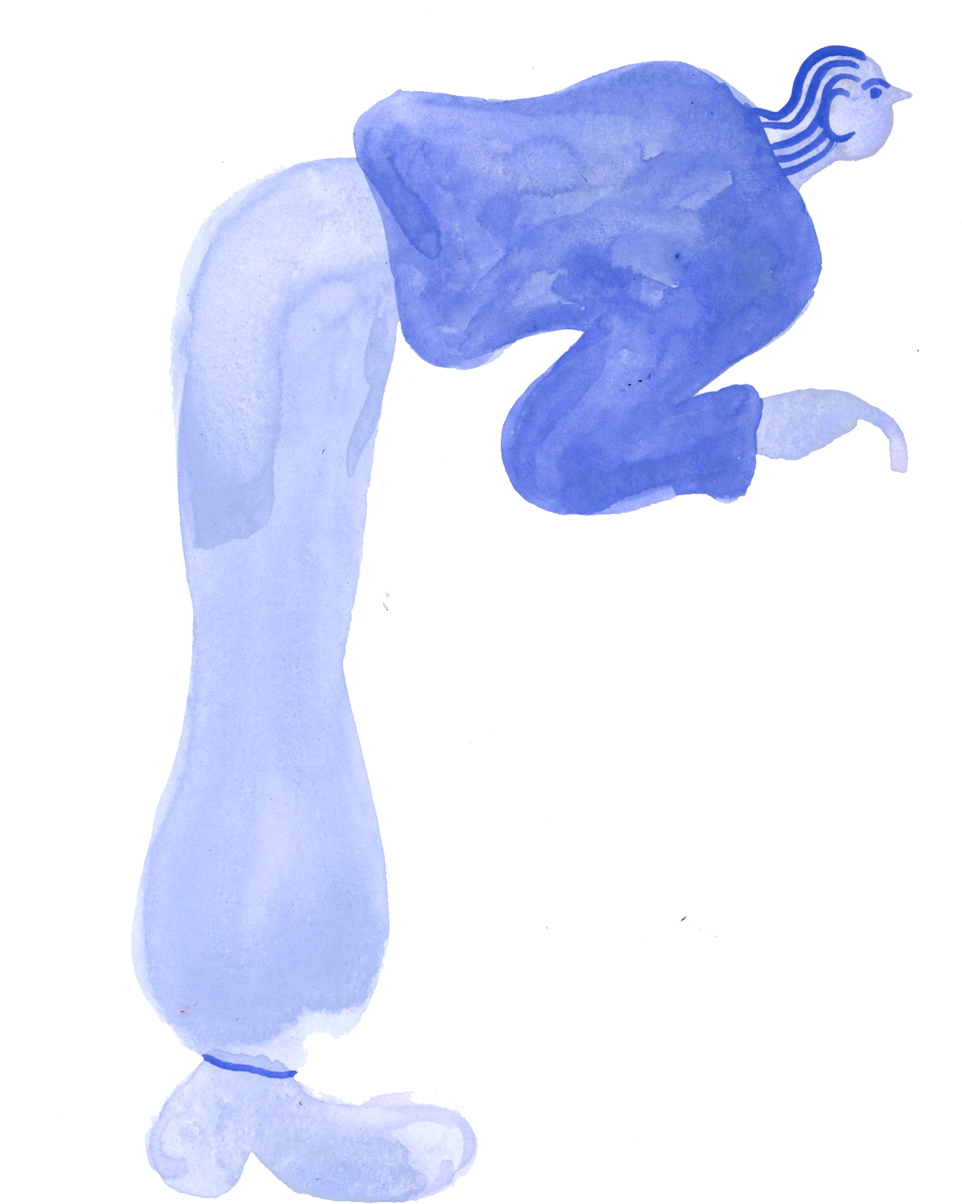 Ilustración abstracta en tonos azules de una figura de un animal desconocido, con cuerpo curvado y cabeza en posición inclinada, en estilo acuarela.