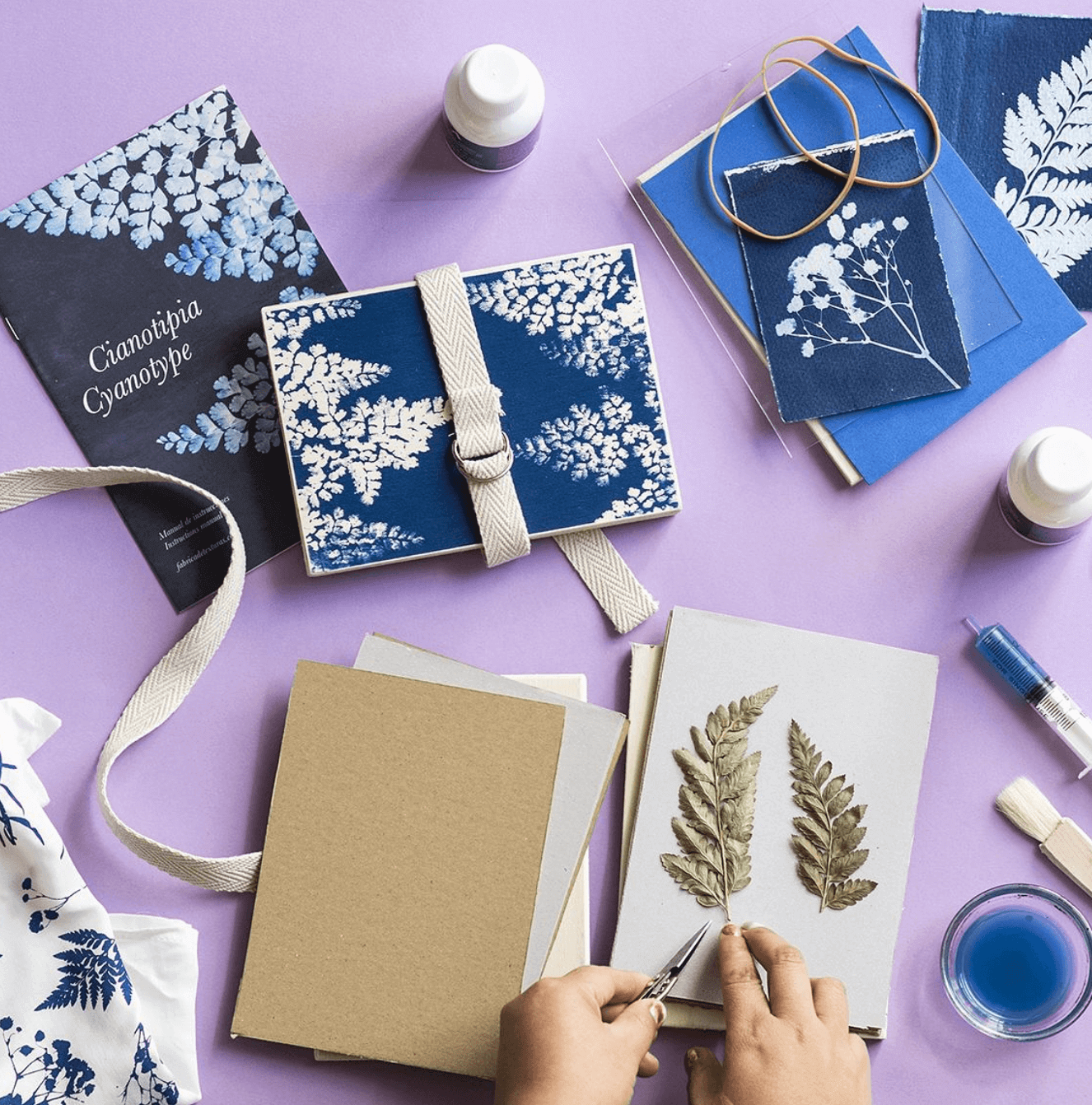 Materiales para hacer arte botánico, incluyendo hojas secas, papeles de diferentes colores y texturas, pegamento, y herramientas de archivo en una mesa con fondo morado.