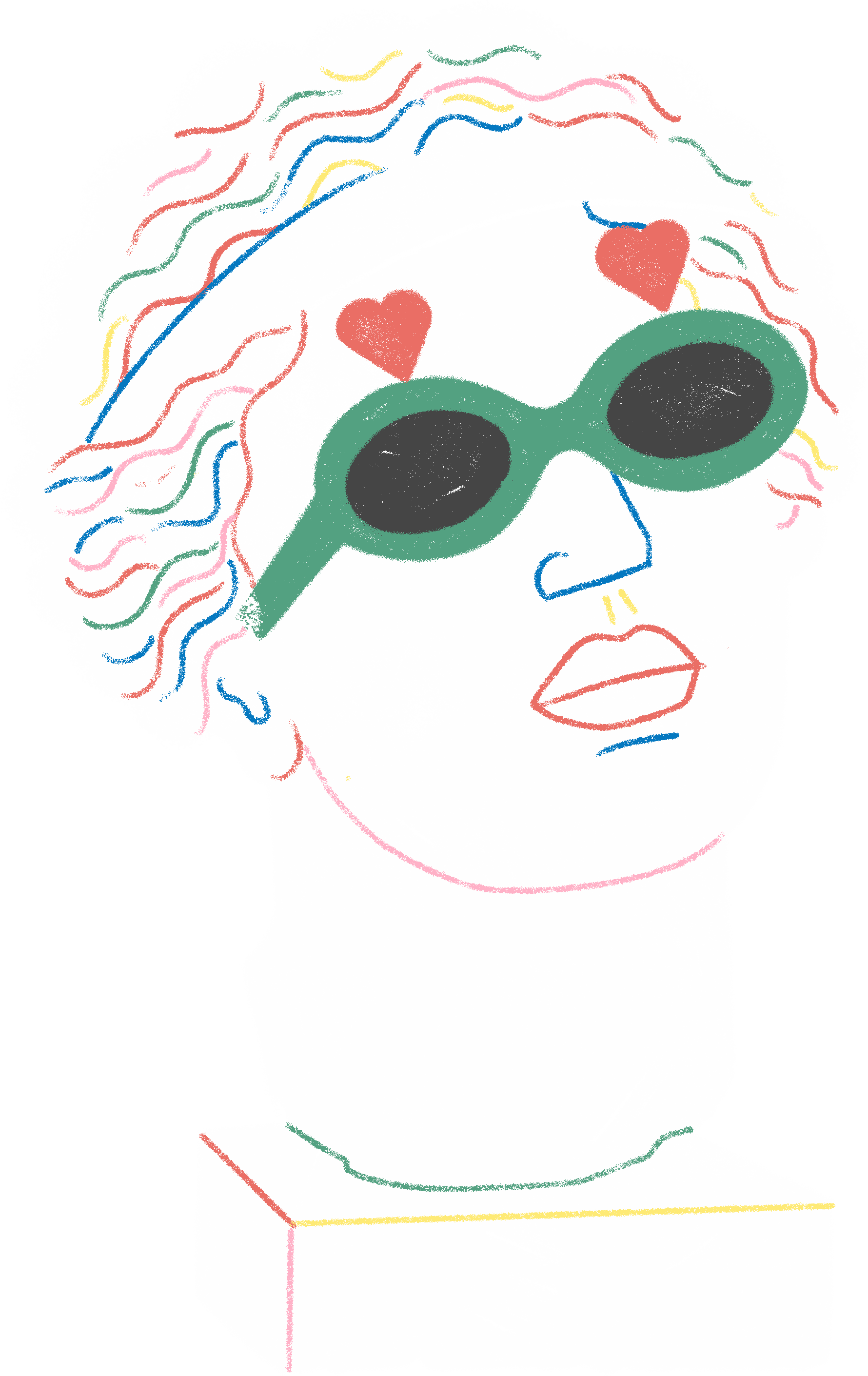 Dibujo artístico de una mujer con cabello rizado de colores, gafas de sol verdes y corazones en la cabeza, con labios pintados.