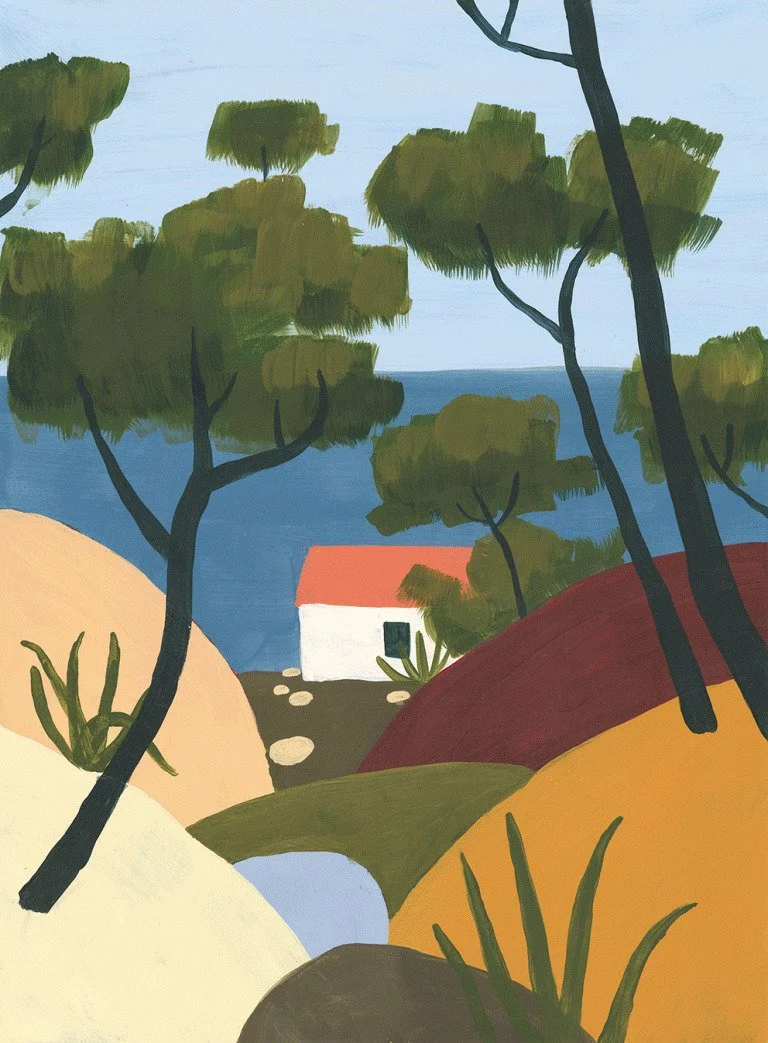 Paisaje colorido con árboles, una casa blanca con techo rojo, un camino de piedras y el mar al fondo.
