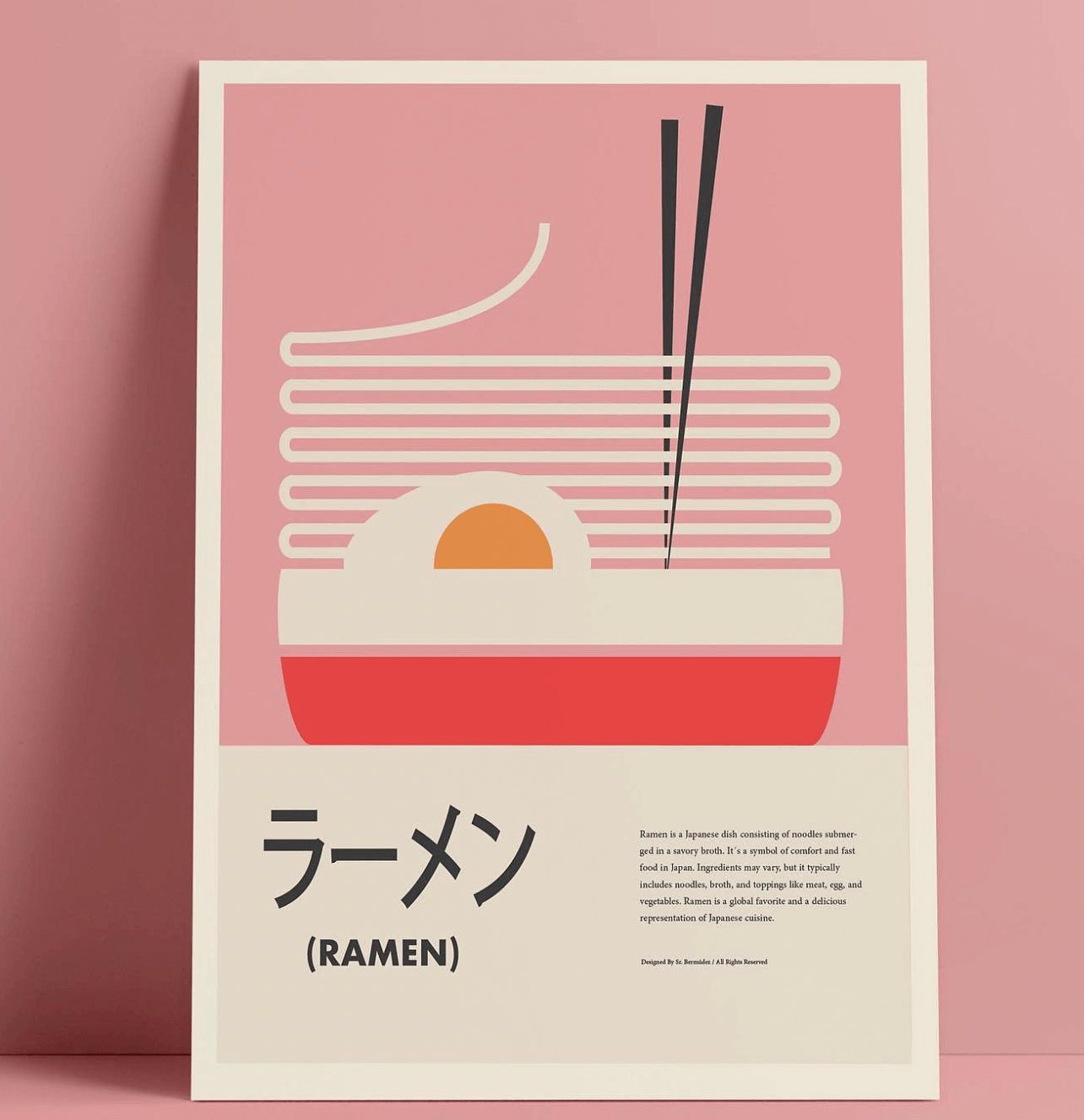 Cartel con ilustración minimalista de un plato de ramen con ramen y palillos, fondo rosa, texto en japonés y en inglés sobre ramen.
