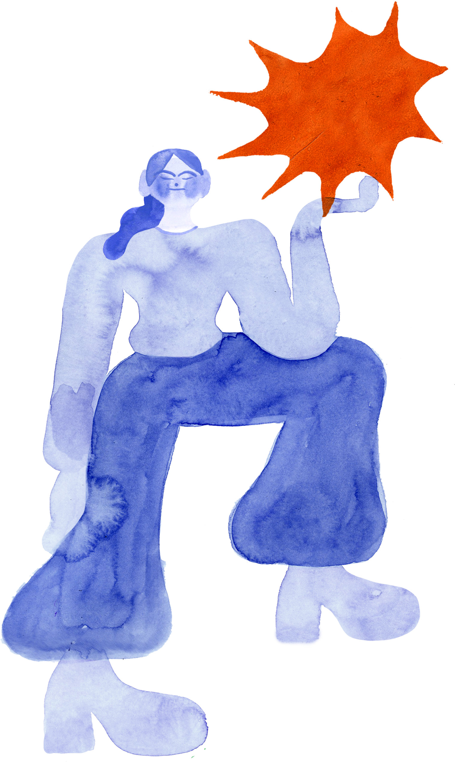 Ilustración de una persona sentada con pantalones anchos, camiseta y gafas, sosteniendo una estrella naranja en su mano derecha.