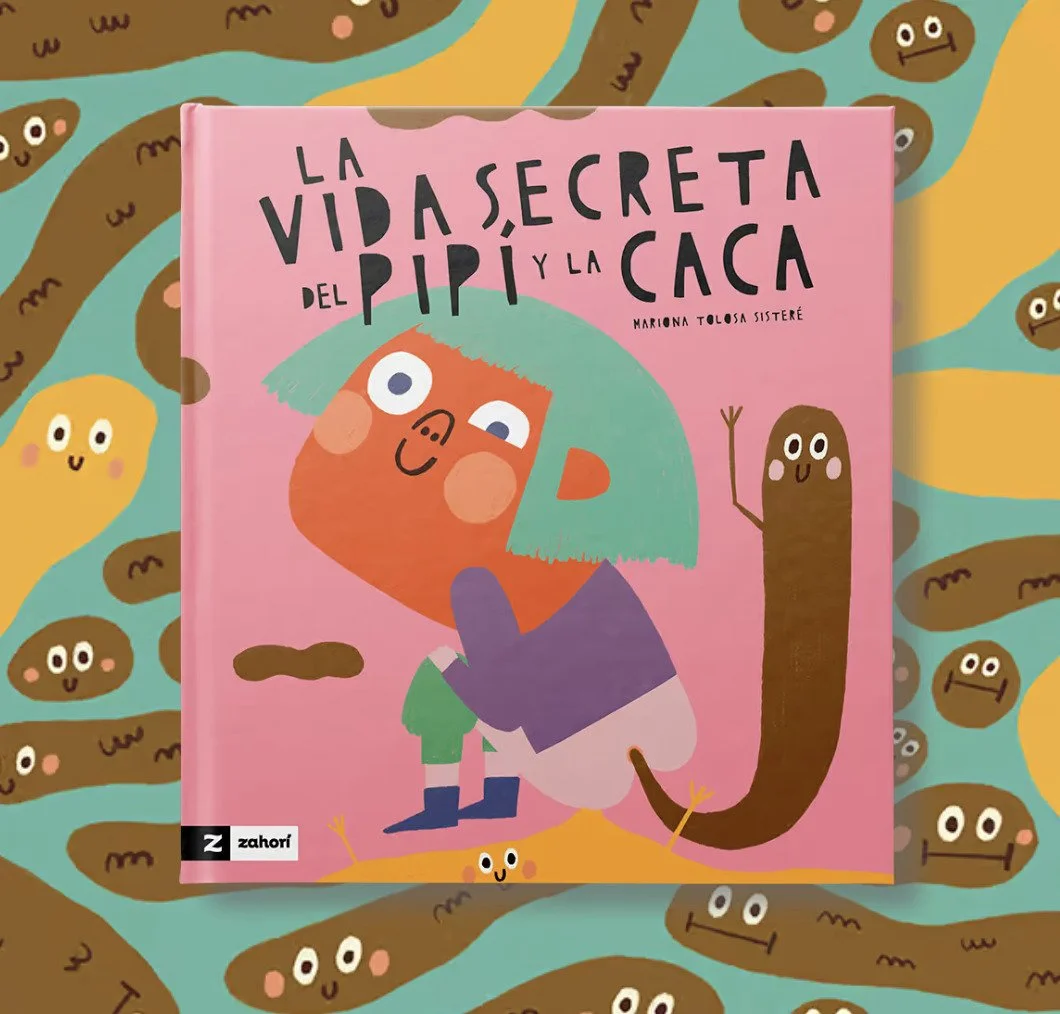 Libro infantil con ilustraciones de una niña y una caca en una portada de color rosa, rodeado de fondo colorido con dibujos de cacas con rostros felices.