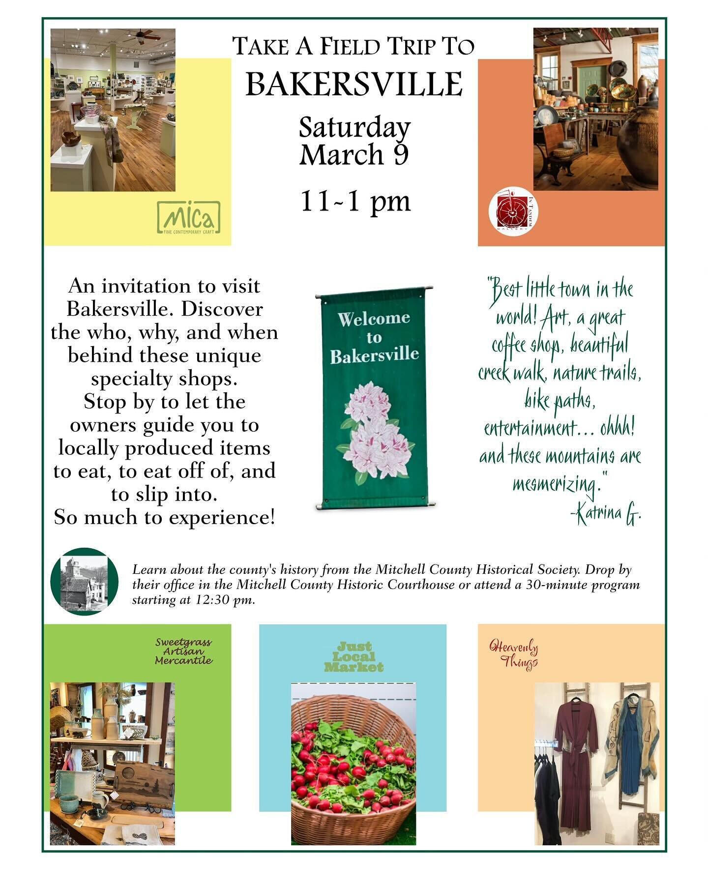 This Saturday in Bakersville. Come see the treasures of our little town.