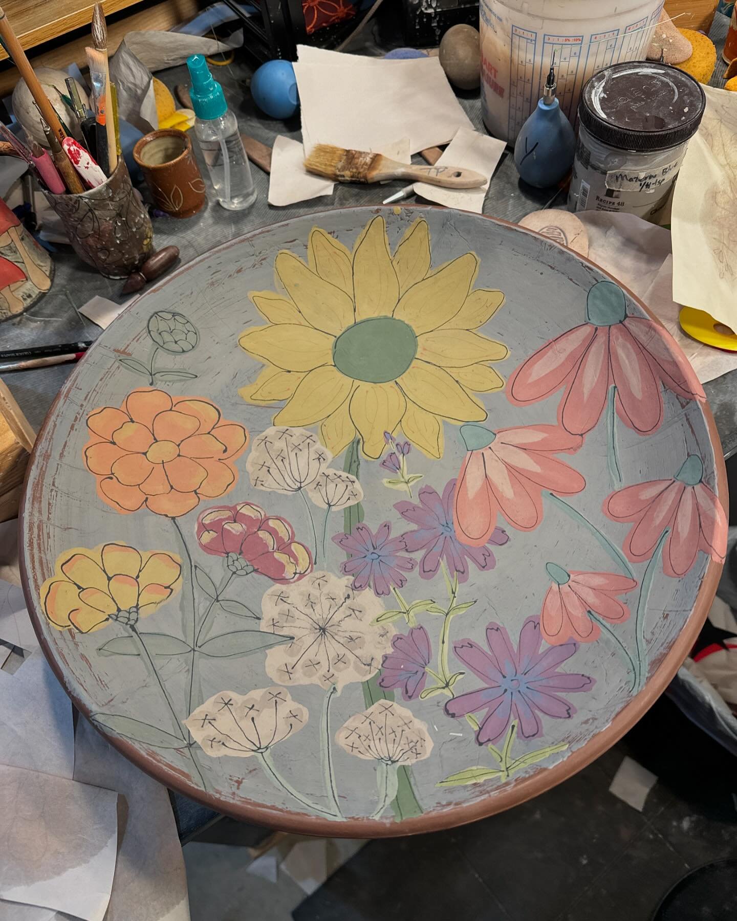 Platter in process. Getting the last few pots decorated before firing for @pottersmarketatthemint