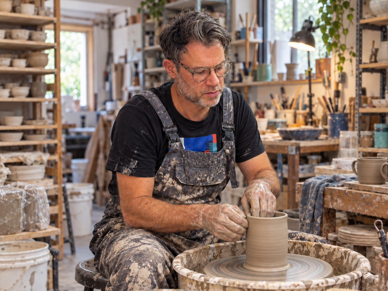 Nicholas Dover with glasses and a beard working on a clay pottery wheel in a ceramics studio, surrounded by shelves of ceramics and pottery tools.