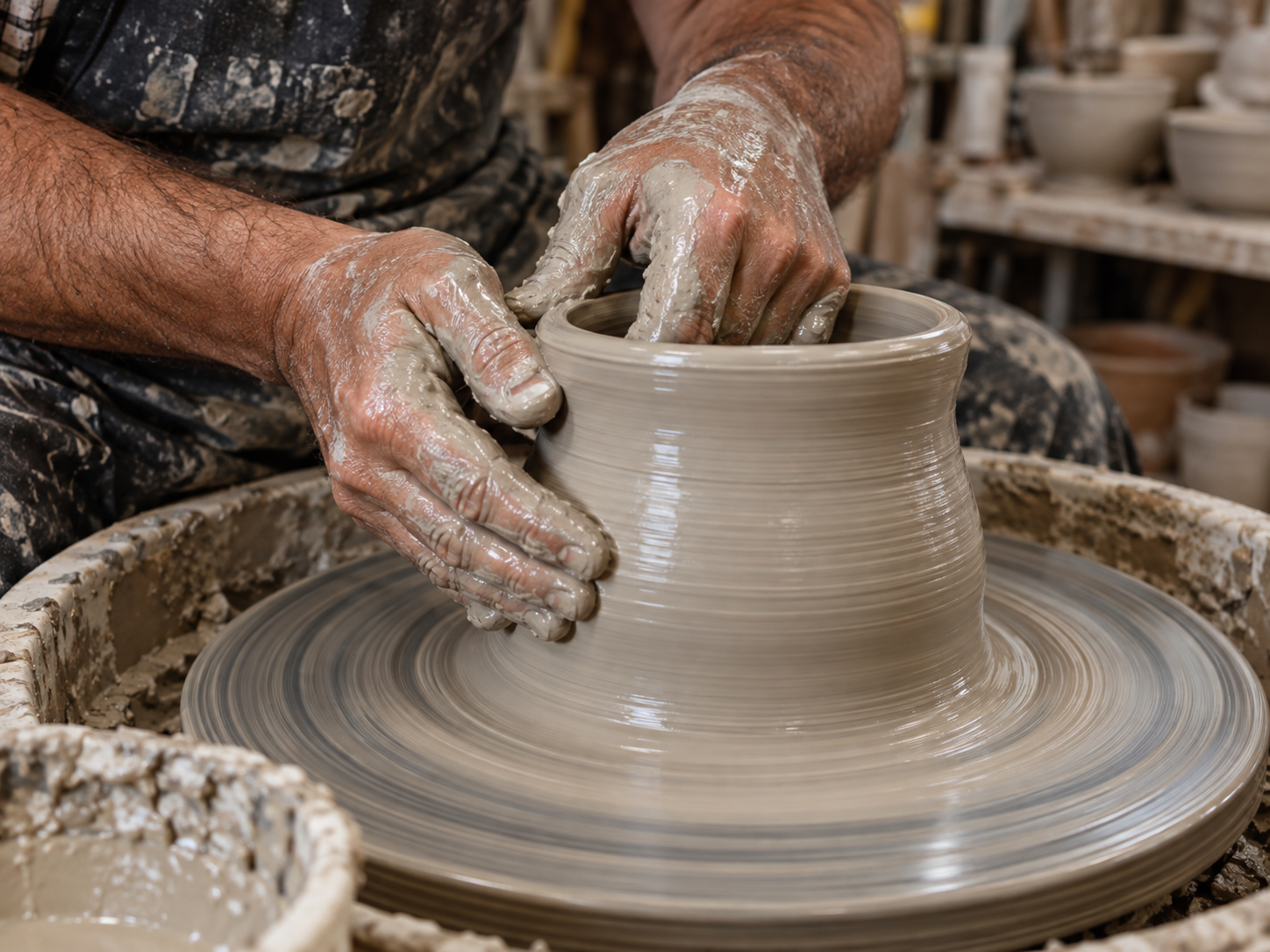 Nicholas Dover's hands shaping a ceramic vase on a pottery wheel in a studio.