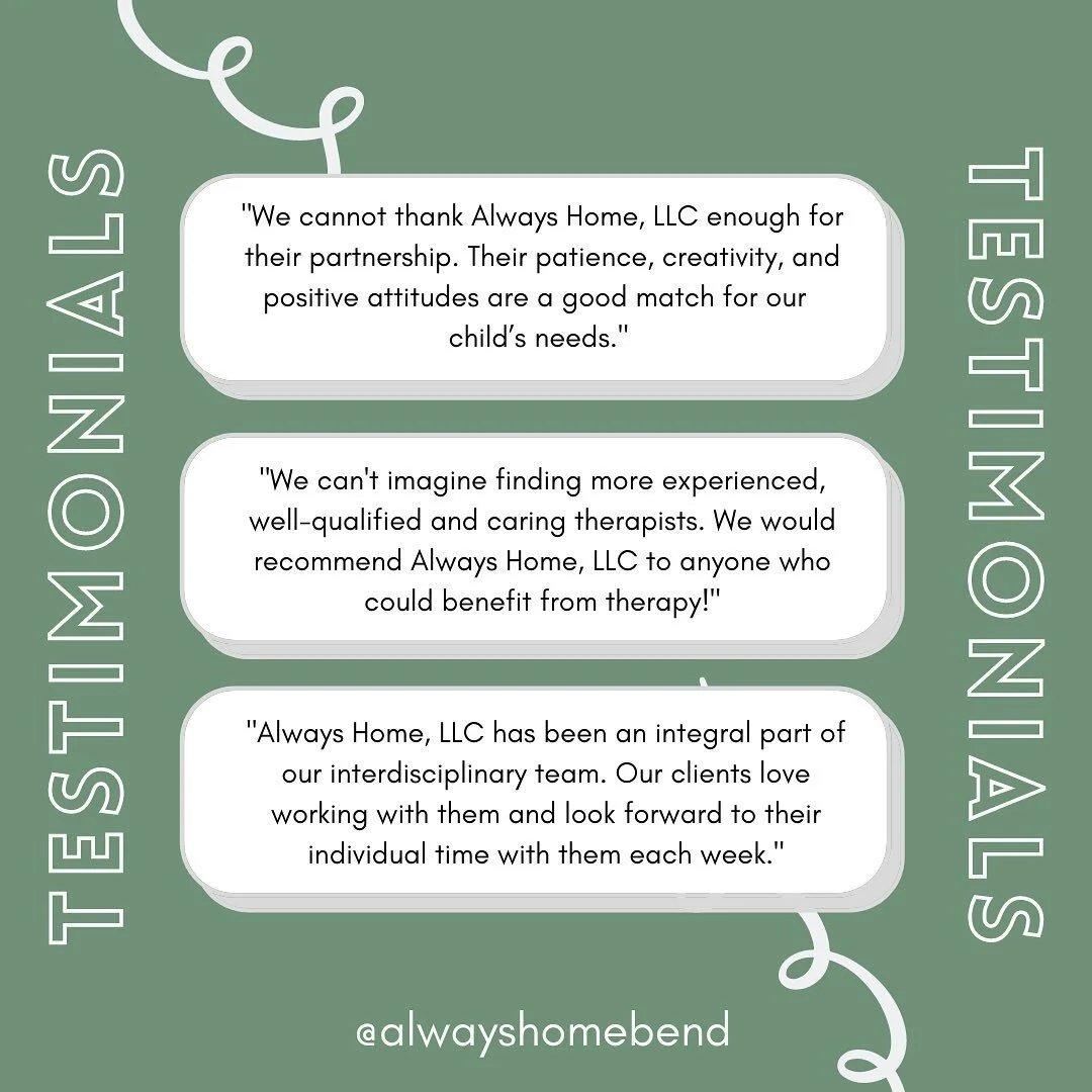 Check out what some of our former clients are saying about Always Home, LLC! 🗣

Contact us today using the link in our bio to learn more about our individualized in-home therapy sessions. We look forward to collaborating with you! ☺️

#AlwaysHomeBen