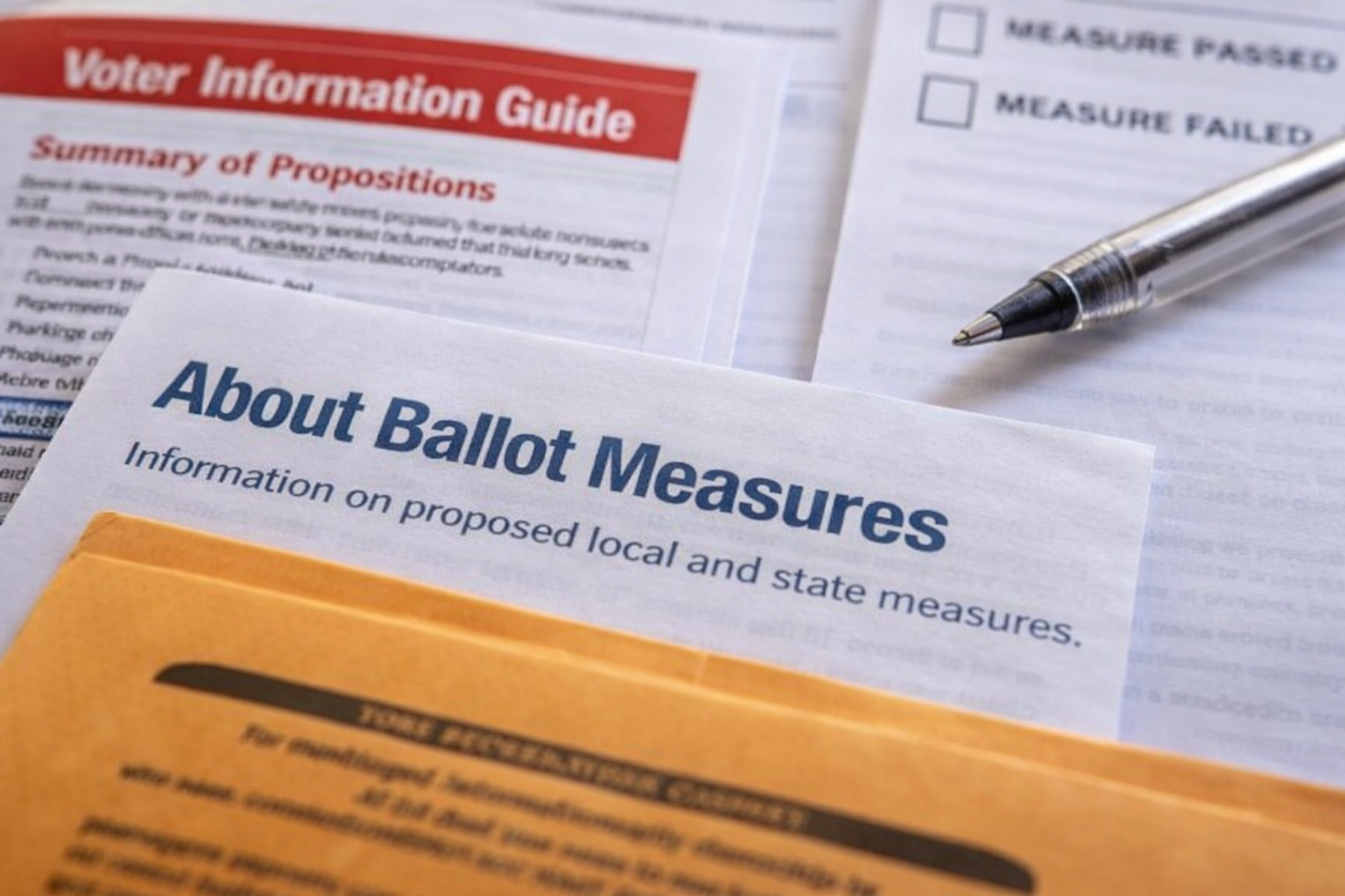 Close-up of voter materials featuring an “About Ballot Measures” information sheet, a voter guide with checkboxes for “Measure Passed” and “Measure Failed,” a pen, and a partially visible ballot envelope.