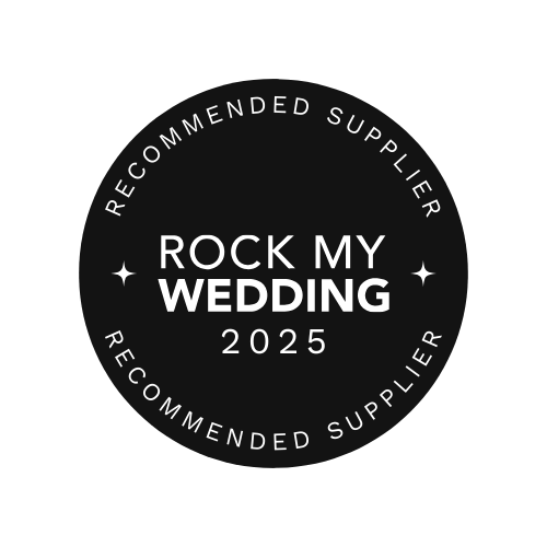 Black circular badge with the text "Rock My Wedding 2025" and "Recommended Supplier" in white.