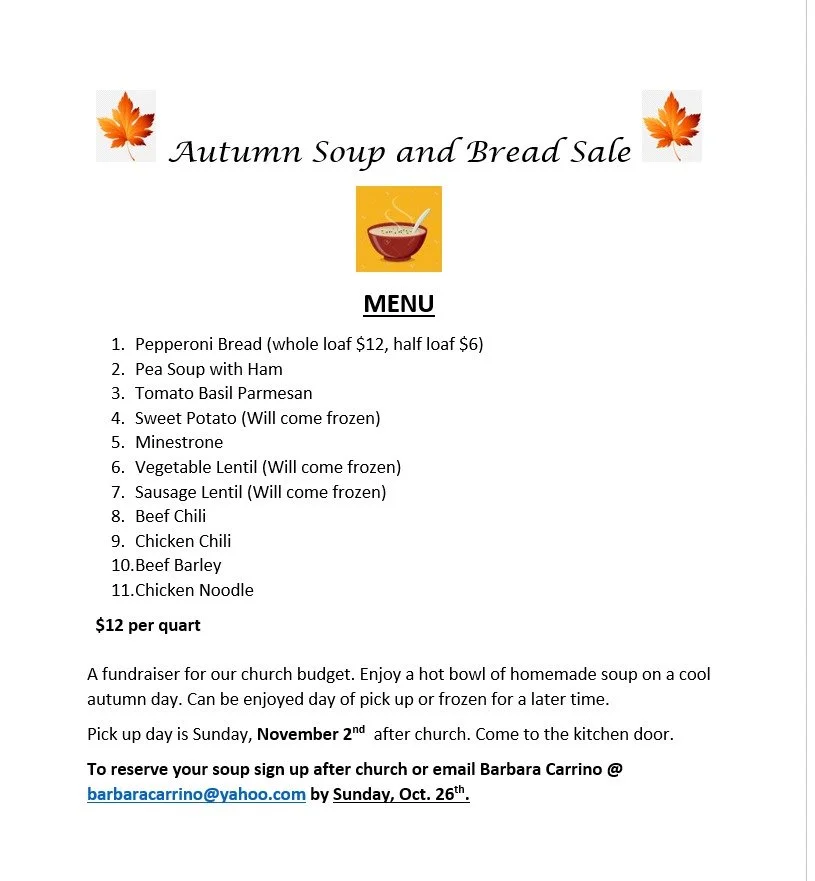 Autumn Soup &amp; Bread Sale 

Place your order by 
Sunday, October 26

Keep yourself warm with one of these amazing soups.