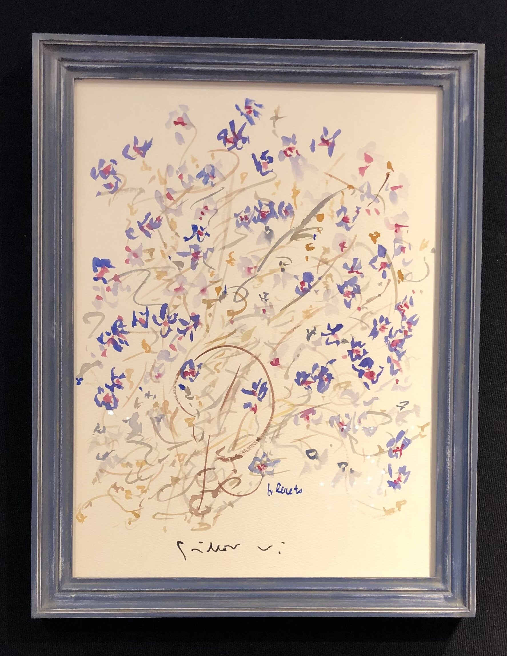 blue frame on a watercolor of flowers