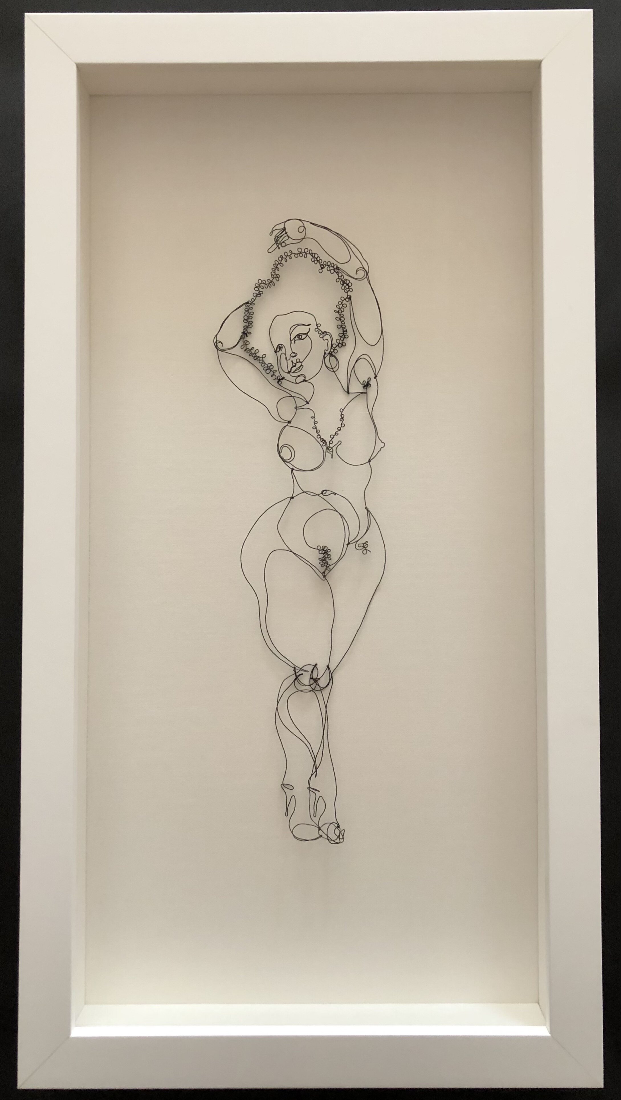 Wire line drawing sculpture in a white shadowbox  