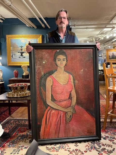 Delicate large portrait under museum plexi with a 3 inch wide black frame 