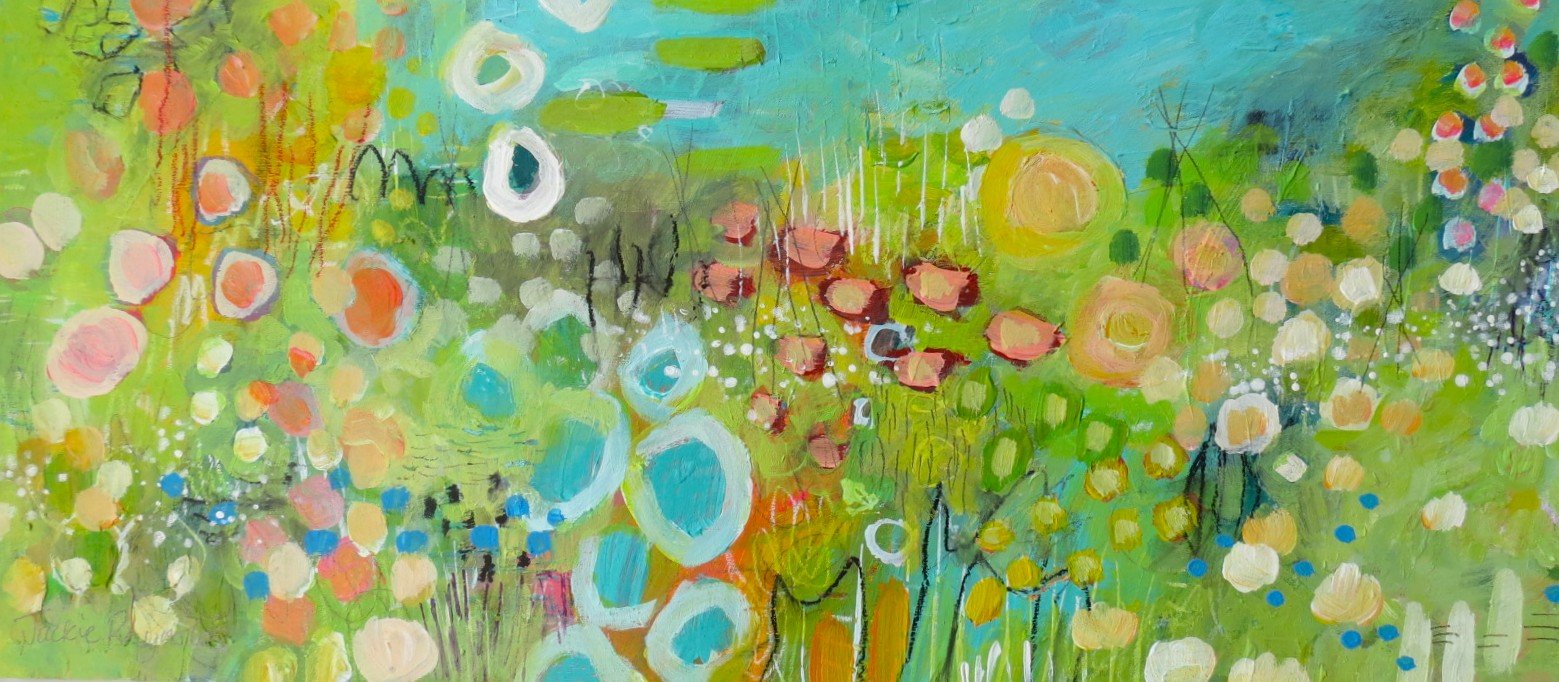 Abstract painting of a vibrant garden scene with colourful flowers, greenery, and a blue sky, featuring circular and dotted patterns in bright pastel colours.