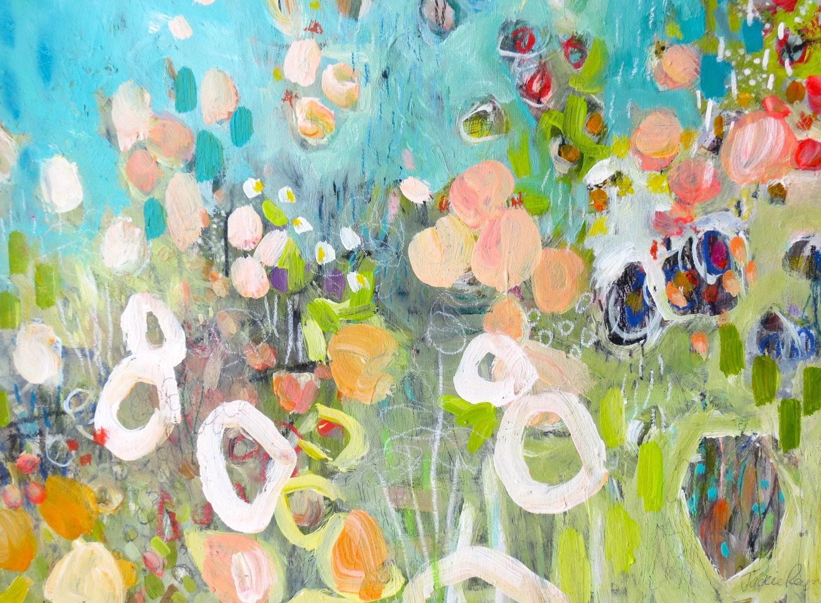 Abstract colourful painting with soft pastel circles and brushstrokes in pink, orange, white, green, blue, and purple.