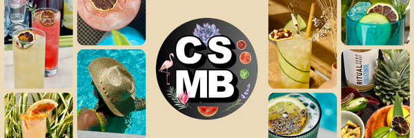 A collage of colorful tropical drinks, a flamingo logo with the text 'CSMB', a person wearing a sun hat by a pool, and various fruit garnished cocktails.