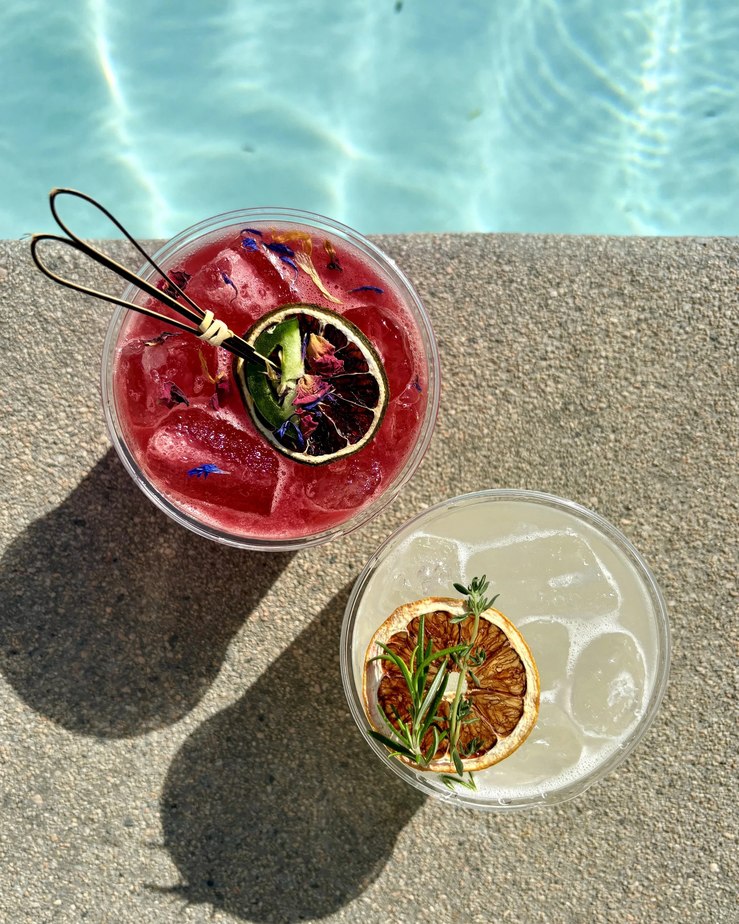 Two cocktails with dried citrus slices on a granite surface by a swimming pool, one red with flower petals and one clear with herbs, both with ice.