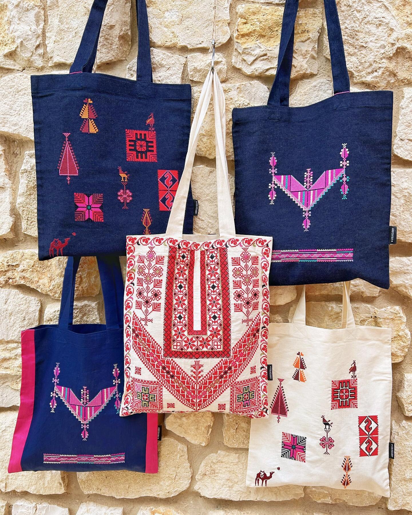 Our tote bags are now available on folkglory.com. Five unique designs with various Palestinian motifs. Also available in bundles of two, three and five. Designed by FolkGlory and machine embroidered and made in Jordan. #totebag #tatreez #palestine #r