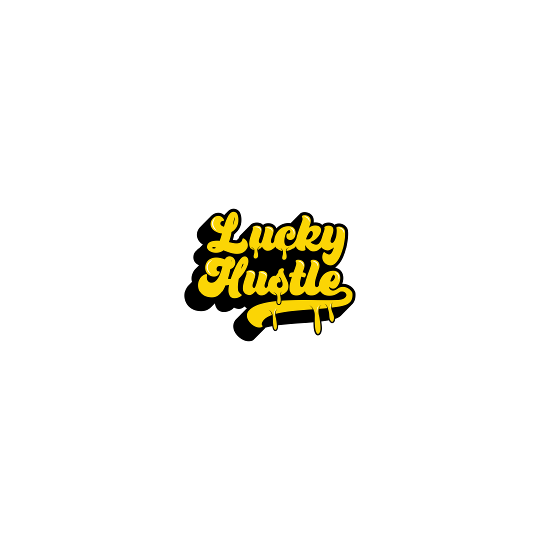 Yellow and black text logo reading "Lucky Hustle" with dripping effect on a white background.
