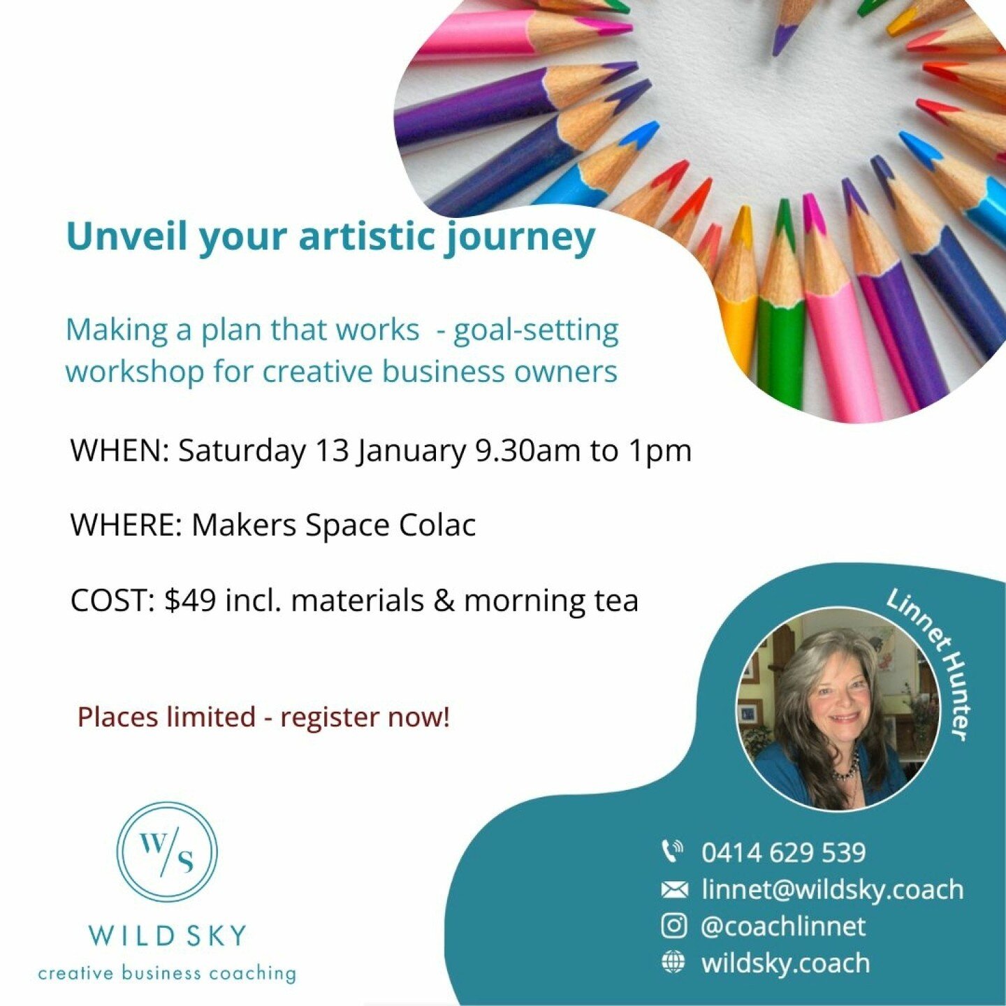 In case you missed this workshop when I ran it in November - it is on again!
Here's your chance to get ahead with your plans before the year takes off. 
At this short, fun and practical workshop with Linnet, you'll learn:
 * three ways to map your ar