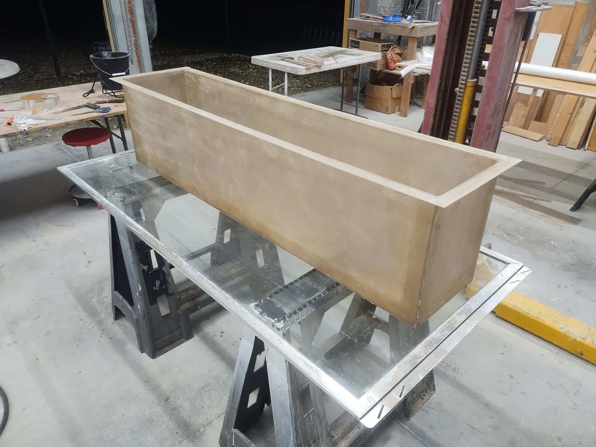 Completed custom fiberglass planter box fabricated by Pinillos Fiberglass.