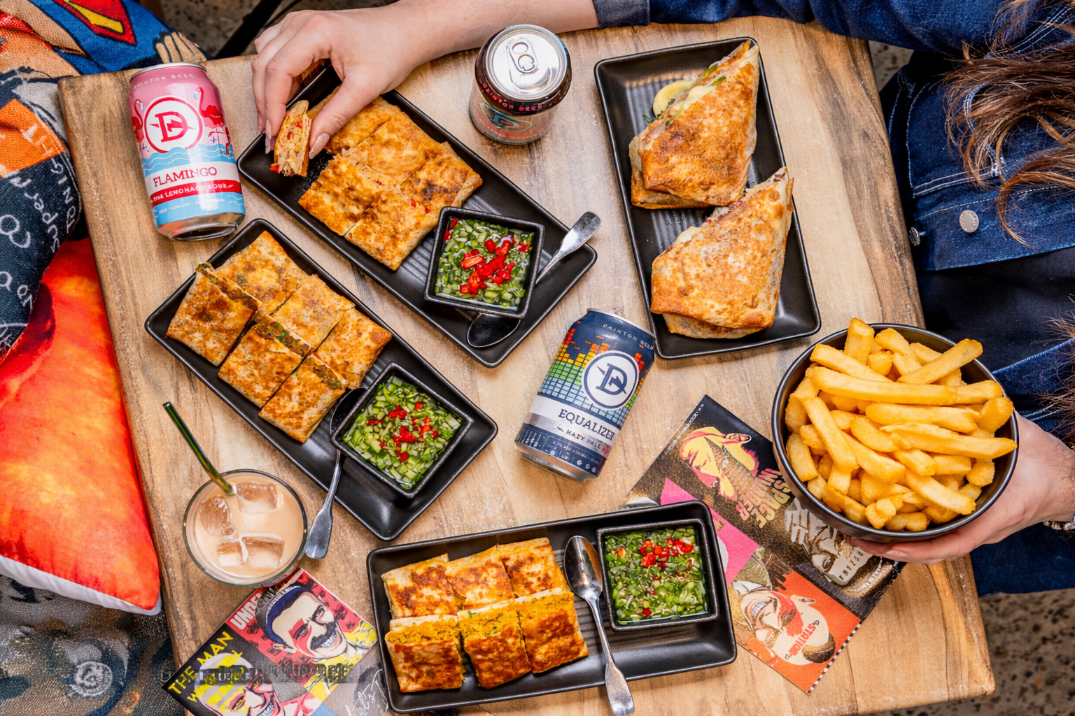 Your choice of madtarbak, with a side of chips or salad and an icy cold beer or soft drink