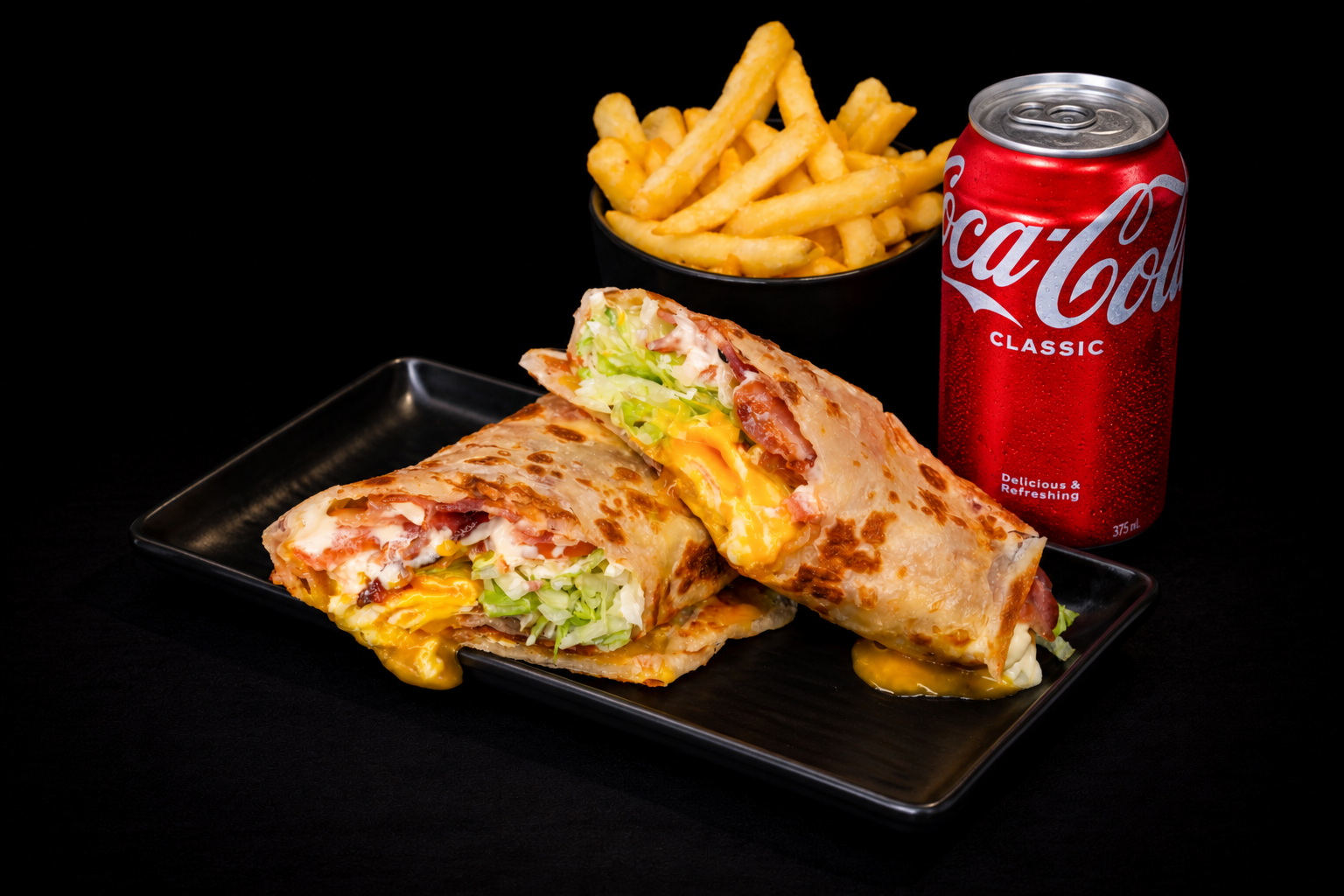 Kafe Kooks BELT breakfast roti wrap served with golden chips and a can of Coca-Cola as the Roti Rebel Kaki Set in Ultimo, Sydney