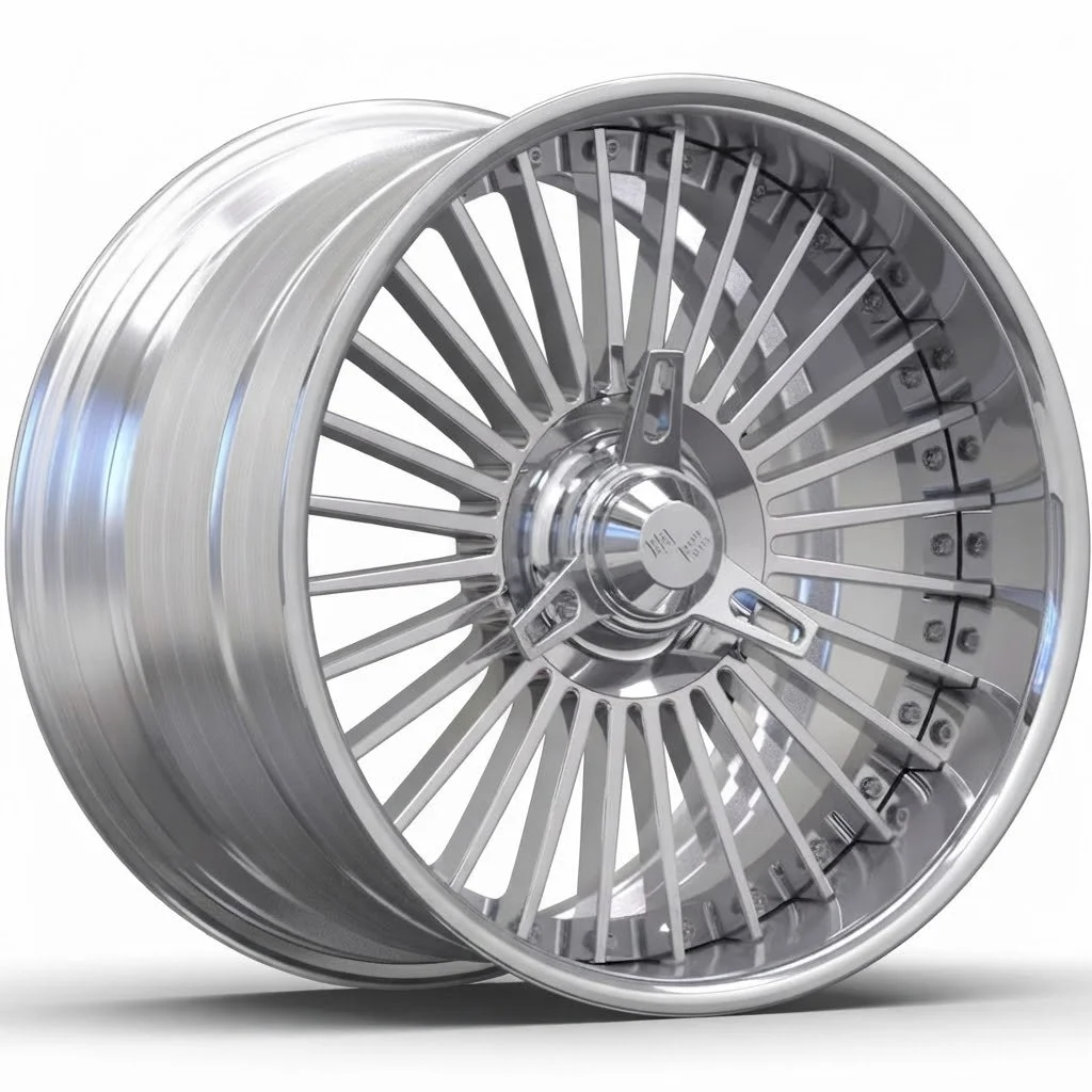 A shiny, metallic car wheel rim with multiple spokes and a central hub cap.