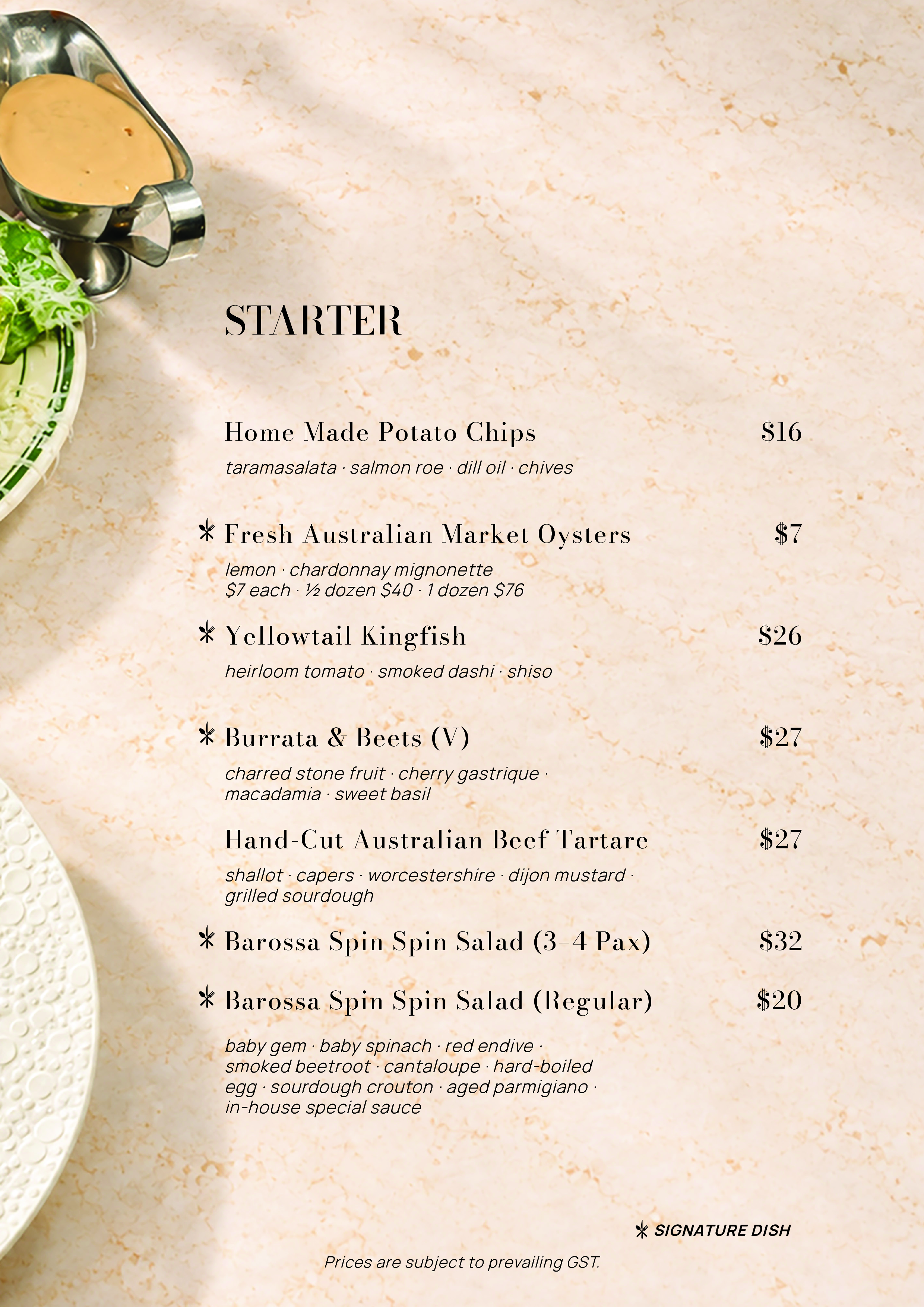 A restaurant menu section titled 'STARTER' listing various dishes with descriptions and prices, including home made potato chips, fresh Australian market oysters, yellowtail kingfish, burrata & beets, hand-cut Australian beef tartare, Barossa spin spin salad, and more.