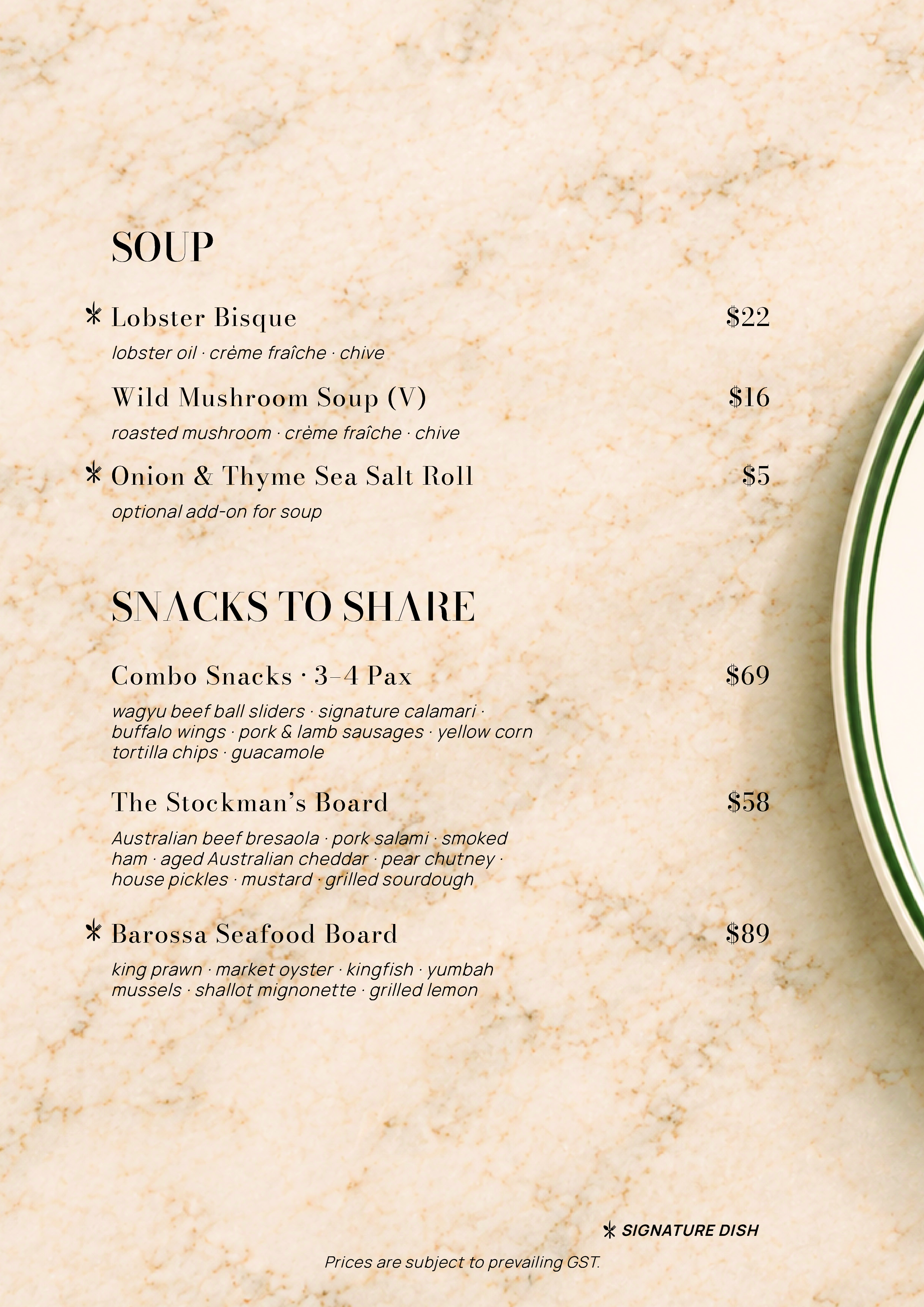A menu listing various soups and snacks with descriptions and prices on a beige, marbled background. The soups include Lobster Bisque, Wild Mushroom Soup, Onion & Thyme Sea Salt Roll, and others. The snacks section features Combo Snacks, The Stockman's Board, and Barossa Seafood Board.