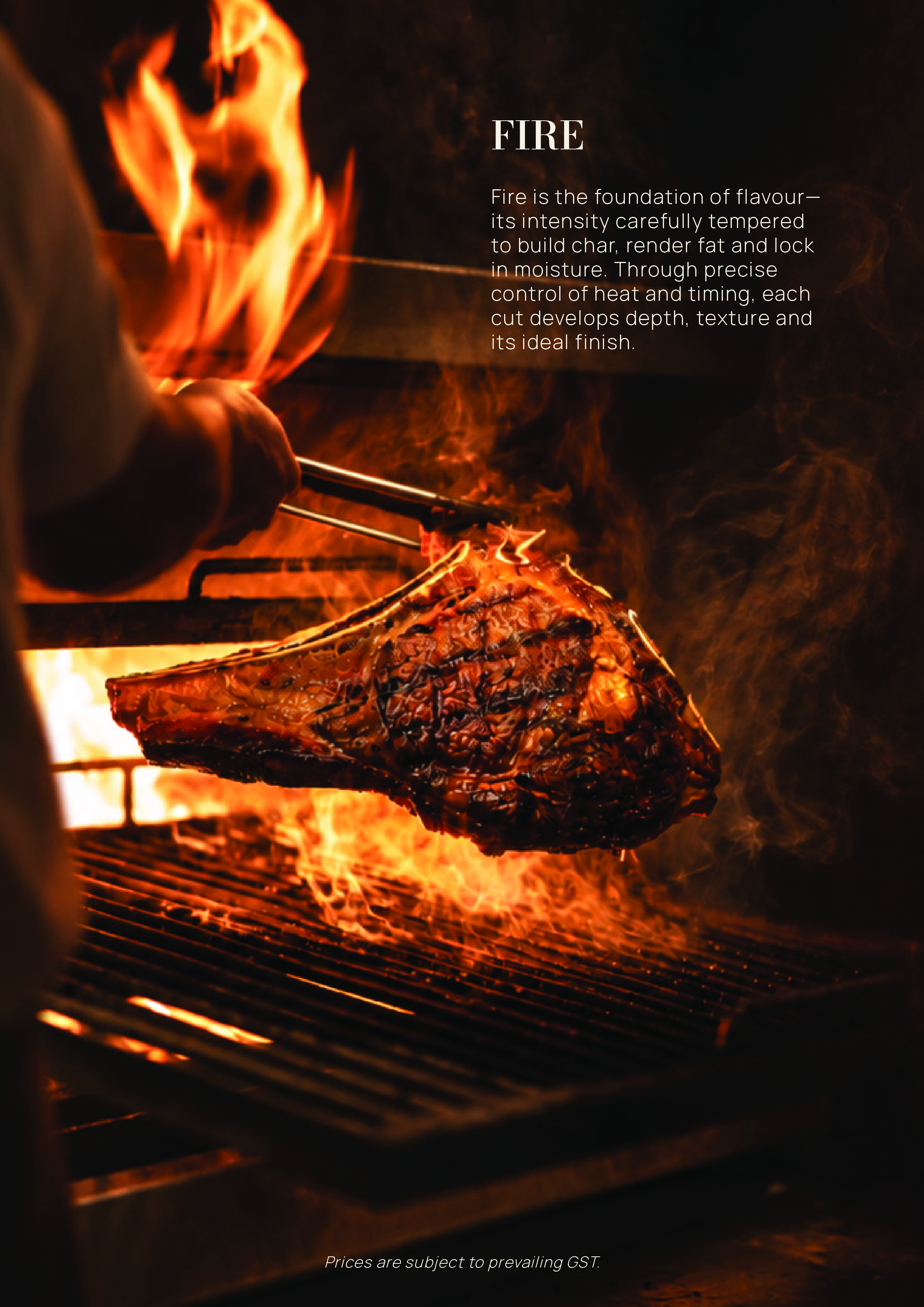 Close-up of a piece of meat cooking on a grill over open flames, with the flames visible and licking the meat.
