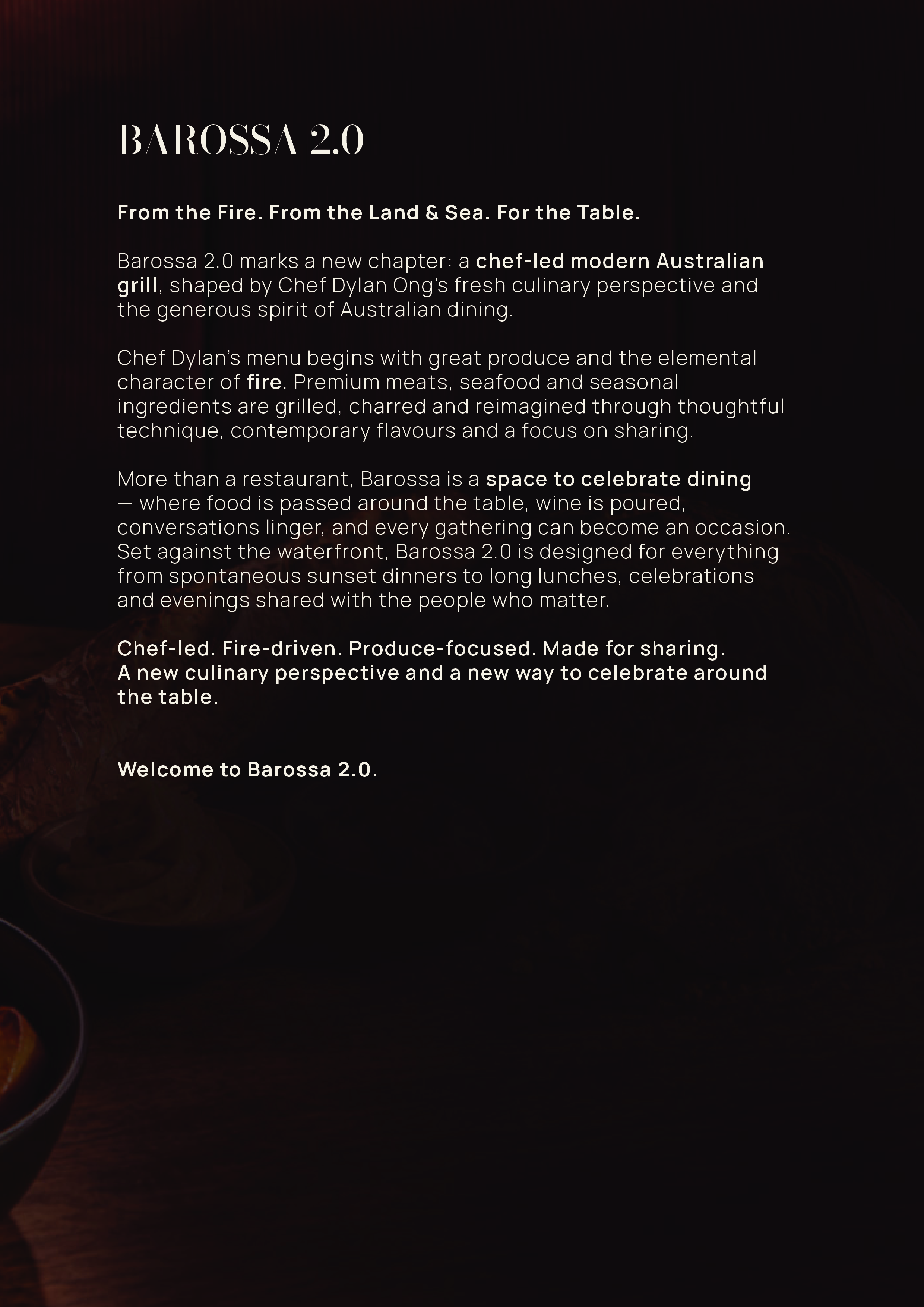 Black background with white text about Barossa 2.0, highlighting Australian cuisine, chef Dylan Ong's modern Australian grill, and a focus on fire and social dining.