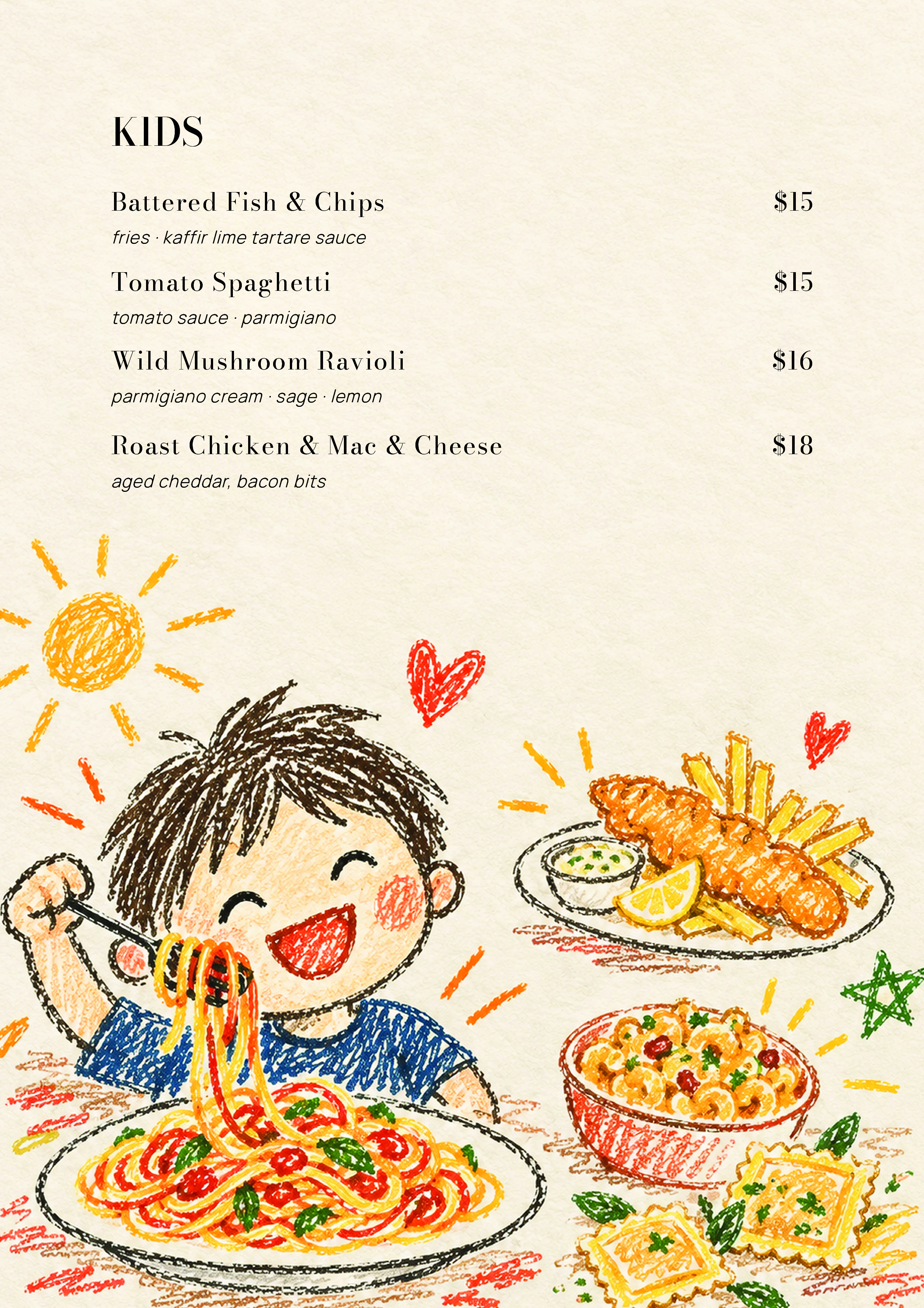 Colorful hand-drawn illustration of children enjoying various plates of pasta and Side dishes, with a child in the foreground happily eating spaghetti.