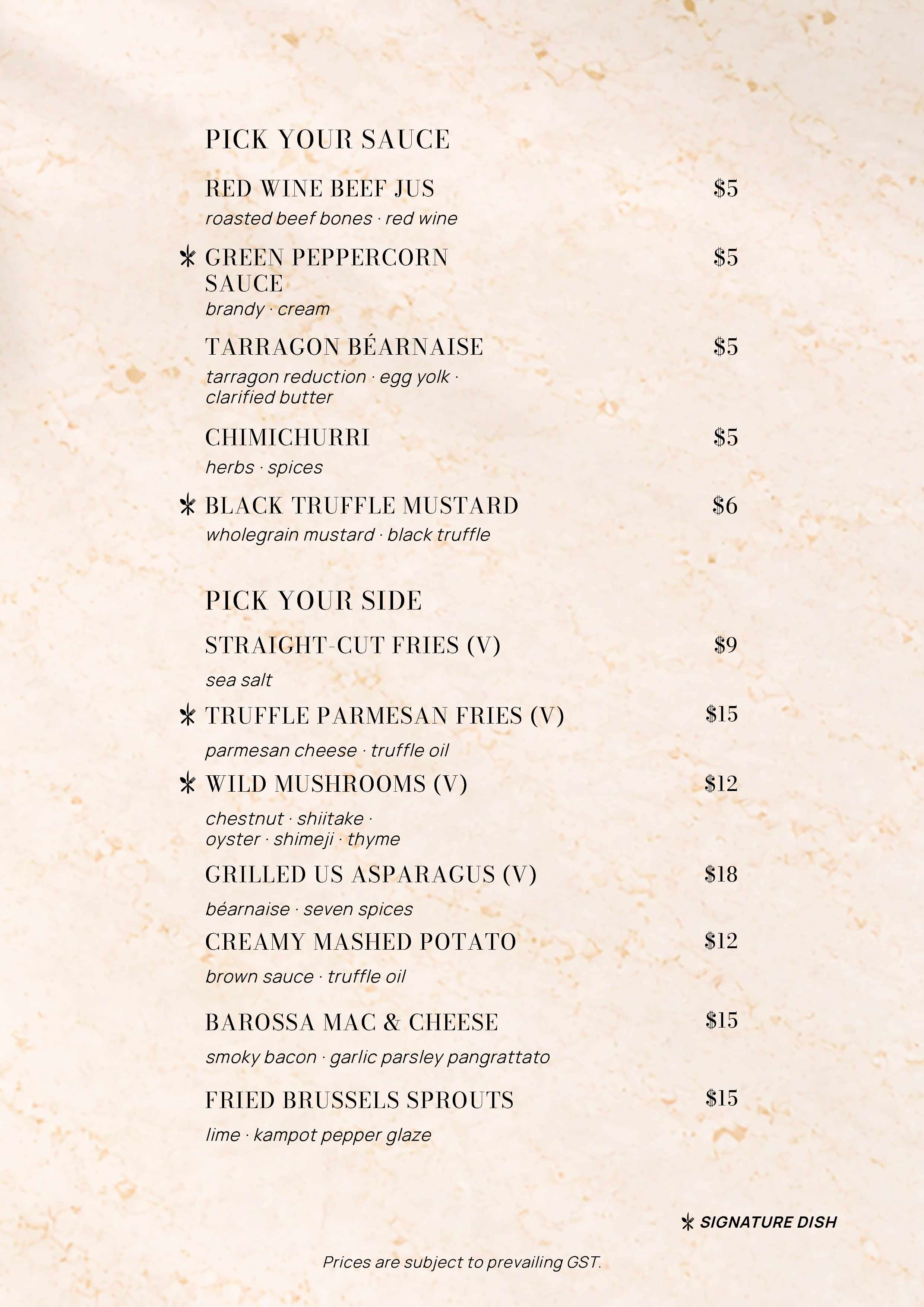 Restaurant menu featuring sauces and side dishes with prices, including options like red wine beef jus, green peppercorn sauce, tarragon béarnaise, chimichurri, black truffle mustard, and various fries, mashed potatoes, mac and cheese, and Brussels sprouts.