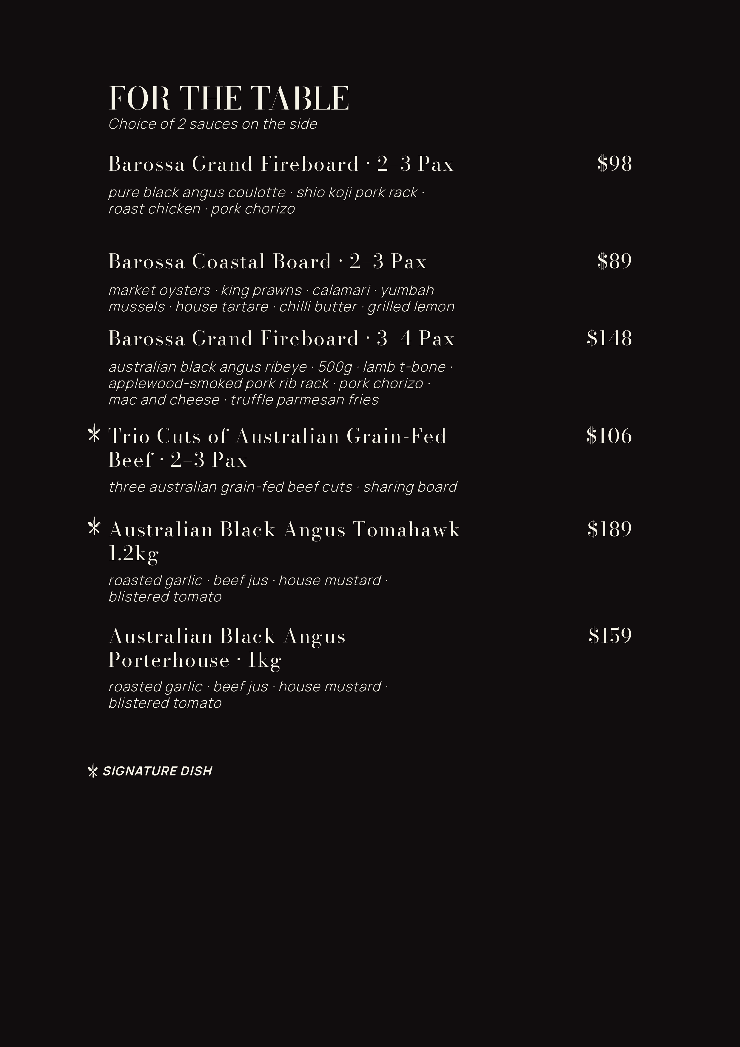 A black menu with white text offering various steak and beef dishes, including grand fireboard steaks and Australian black Angus options, with prices listed.