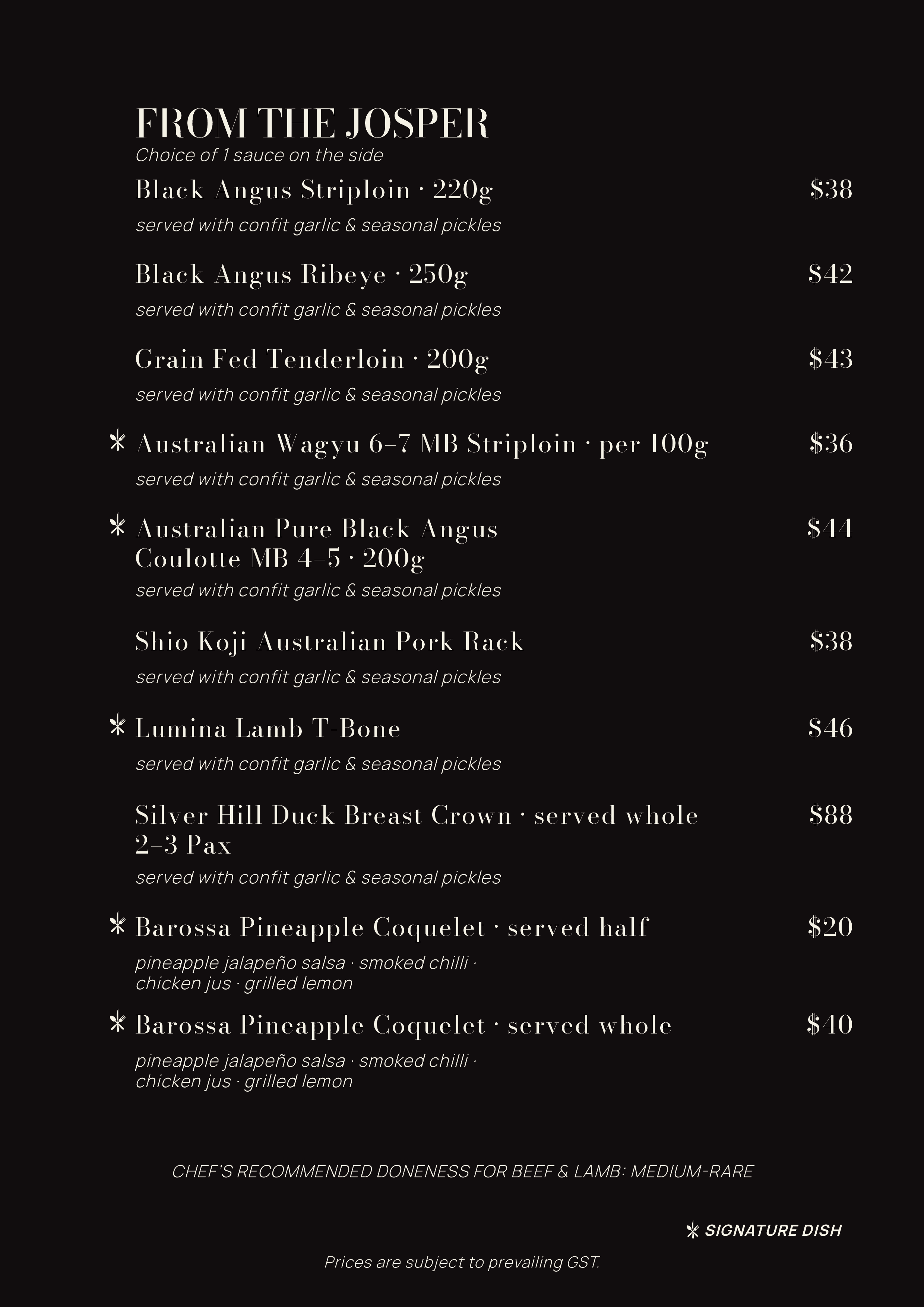 Menu listing various beef and lamb dishes with prices on a black background.