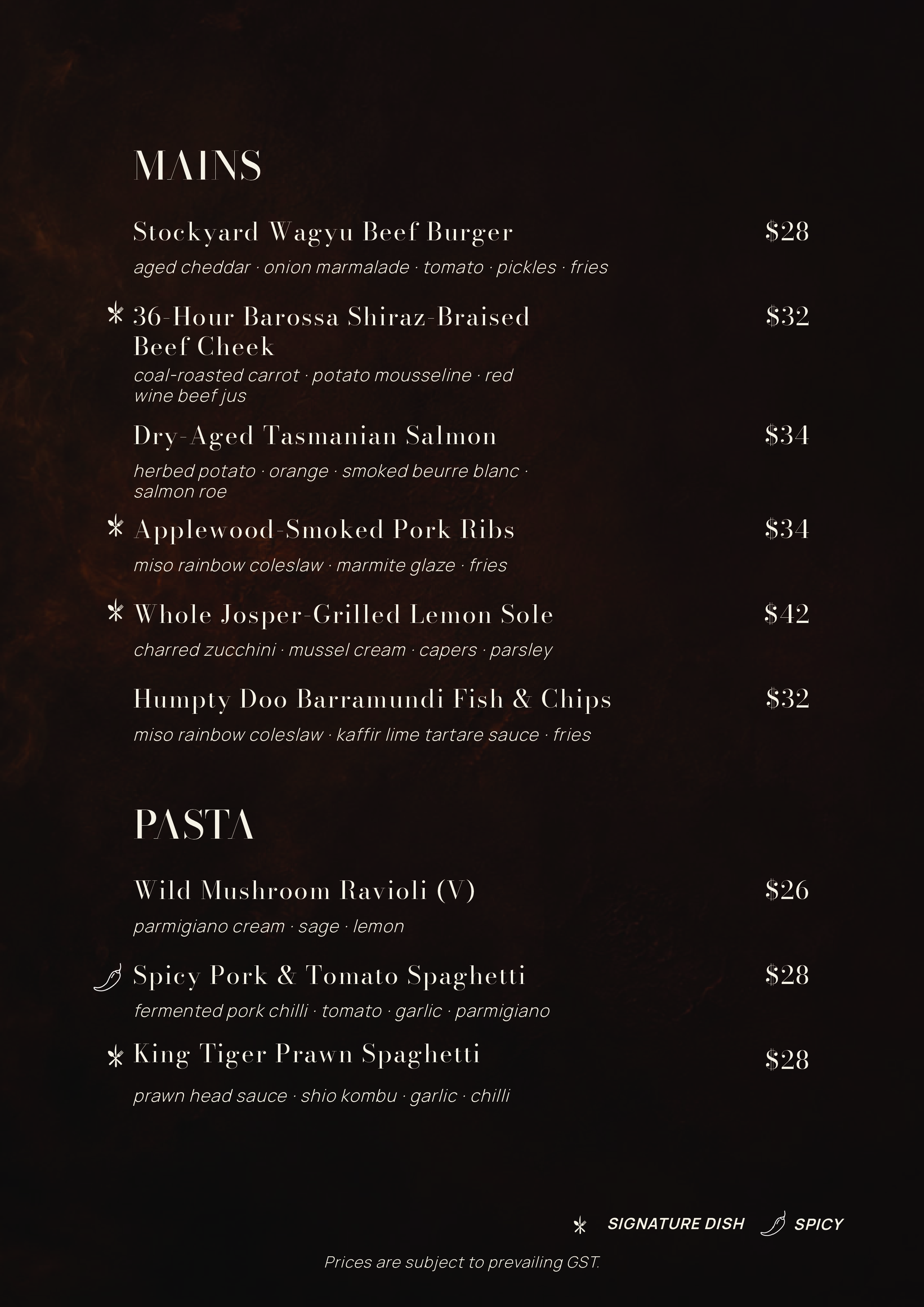 Restaurant menu section titled 'MAINS' and 'PASTA' listing various dishes with descriptions and prices.