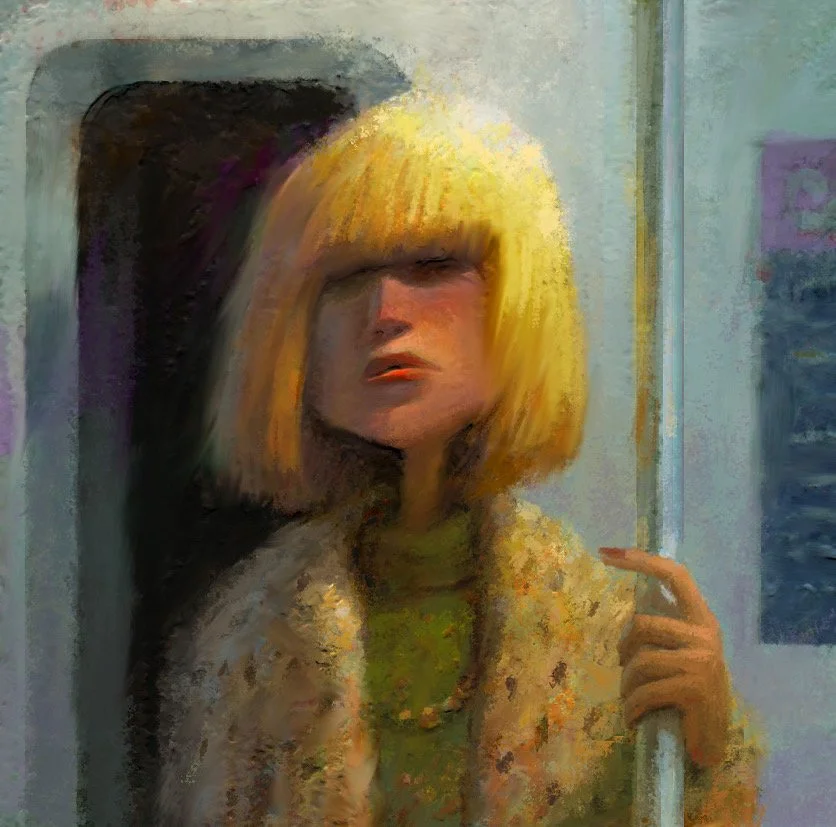 Lady on a Train 
12'' x 12'' oil on canvas