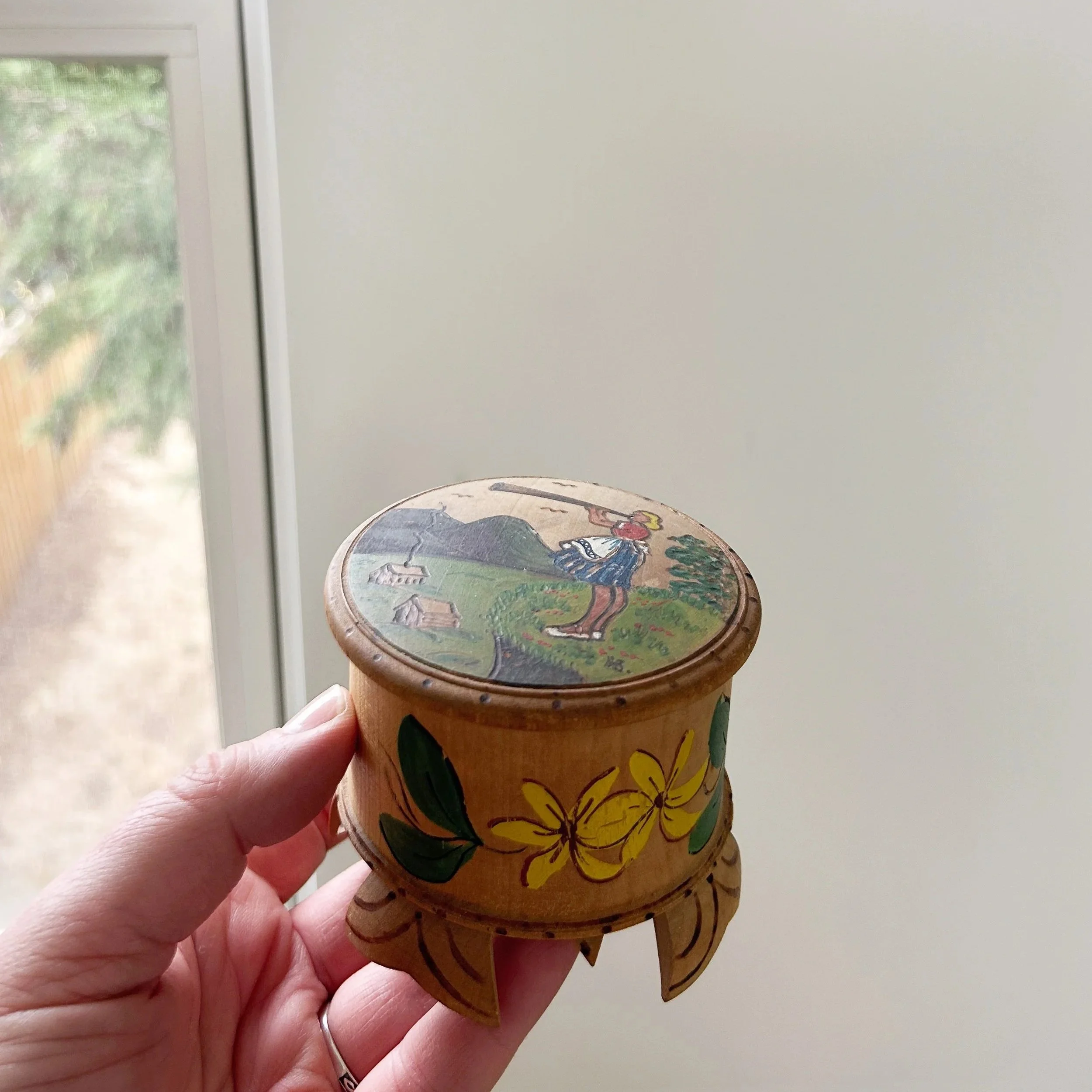 Norwegian Hand Carved and Painted Wooden Trinket Box