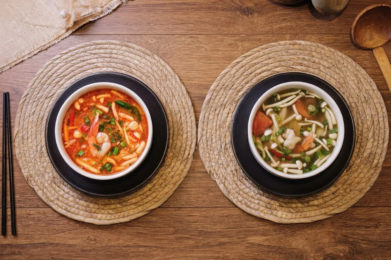 red tom yum and clear tom yum side by side